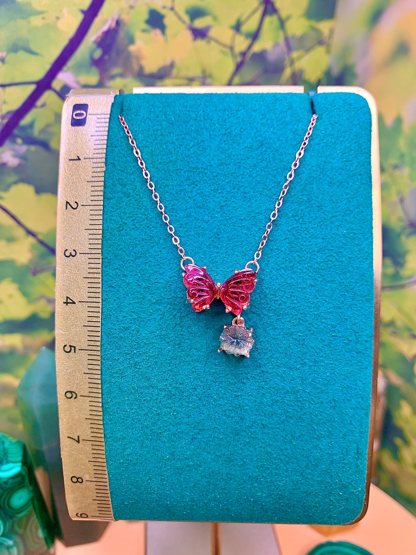Pink Tourmaline Butterfly 🦋 with Flower Charm set in a plated Rose Gold over Alloy