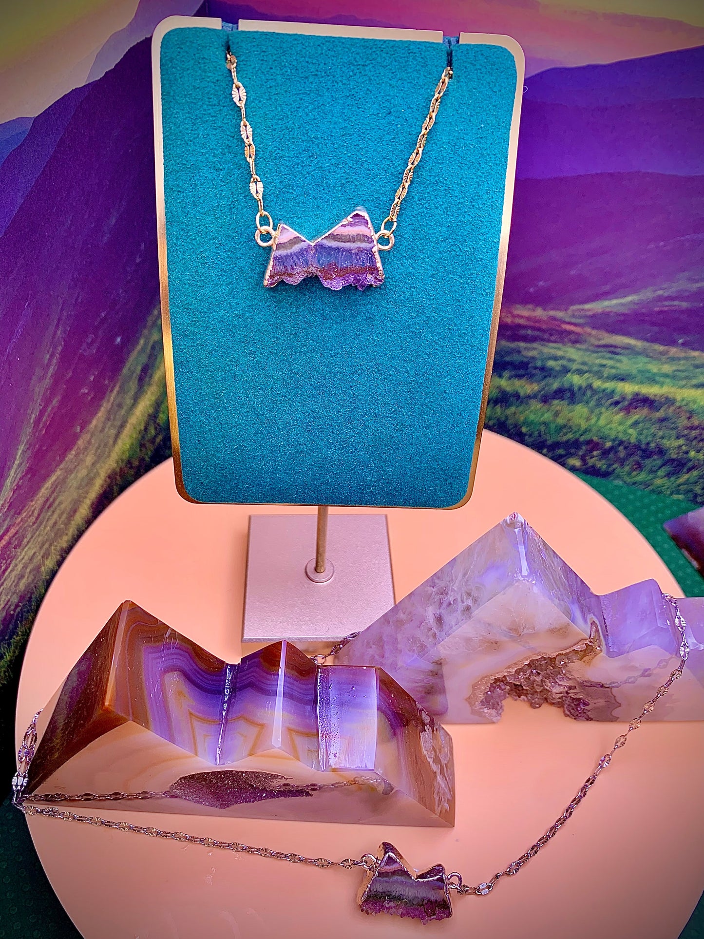 Sterling Silver Druzy Agate Mountain ⛰️ Pendant on a Sterling Chain.