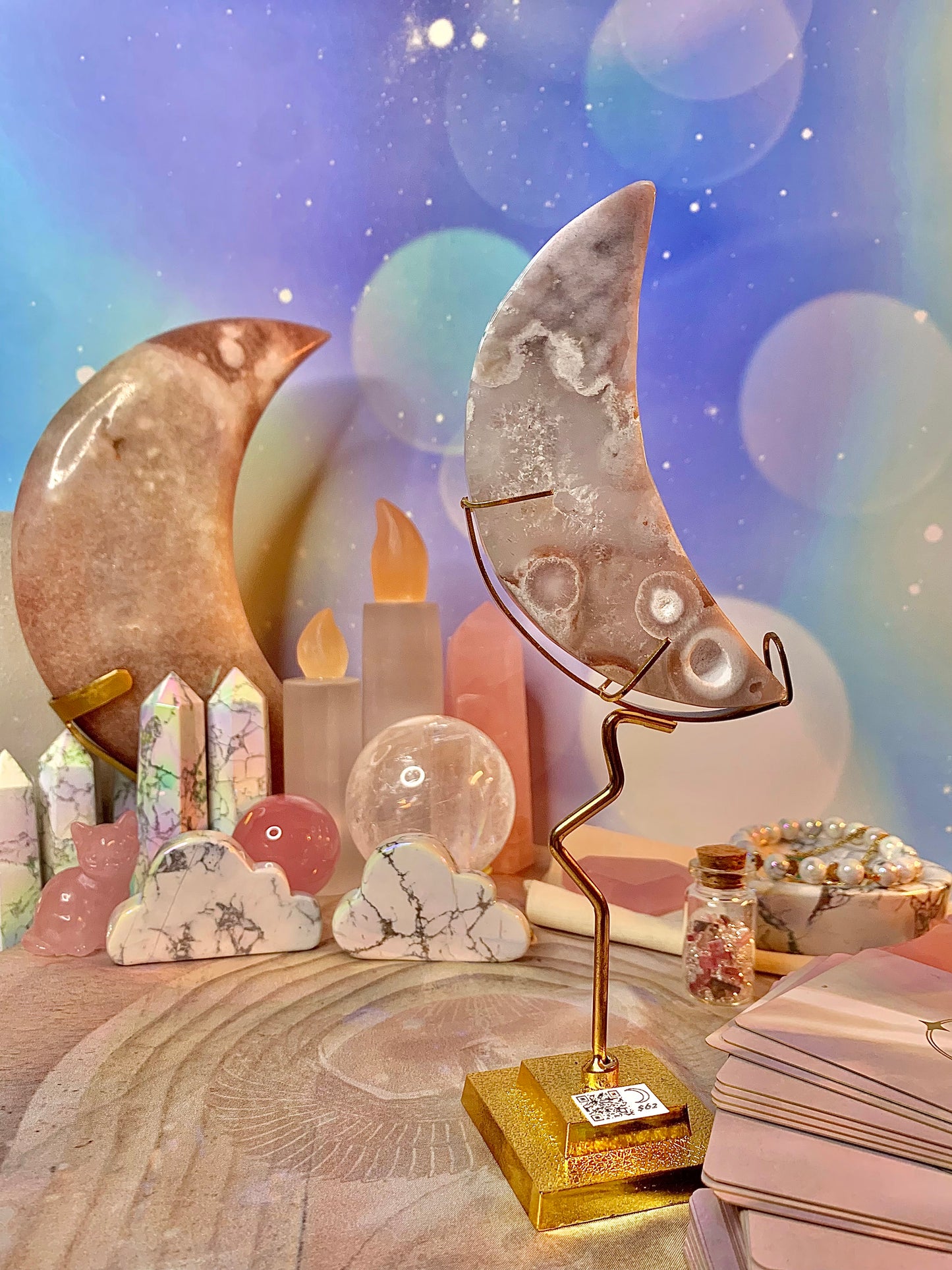 Pink Amethyst with Flower Agate Crescent 🌙 Moon in Stand