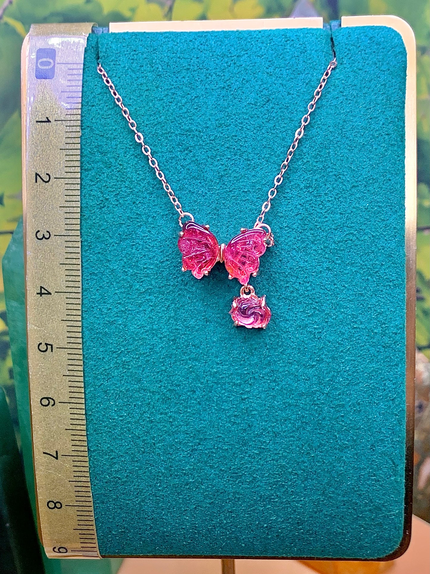 Pink Tourmaline Butterfly 🦋 with Flower Charm set in a plated Rose Gold over Alloy