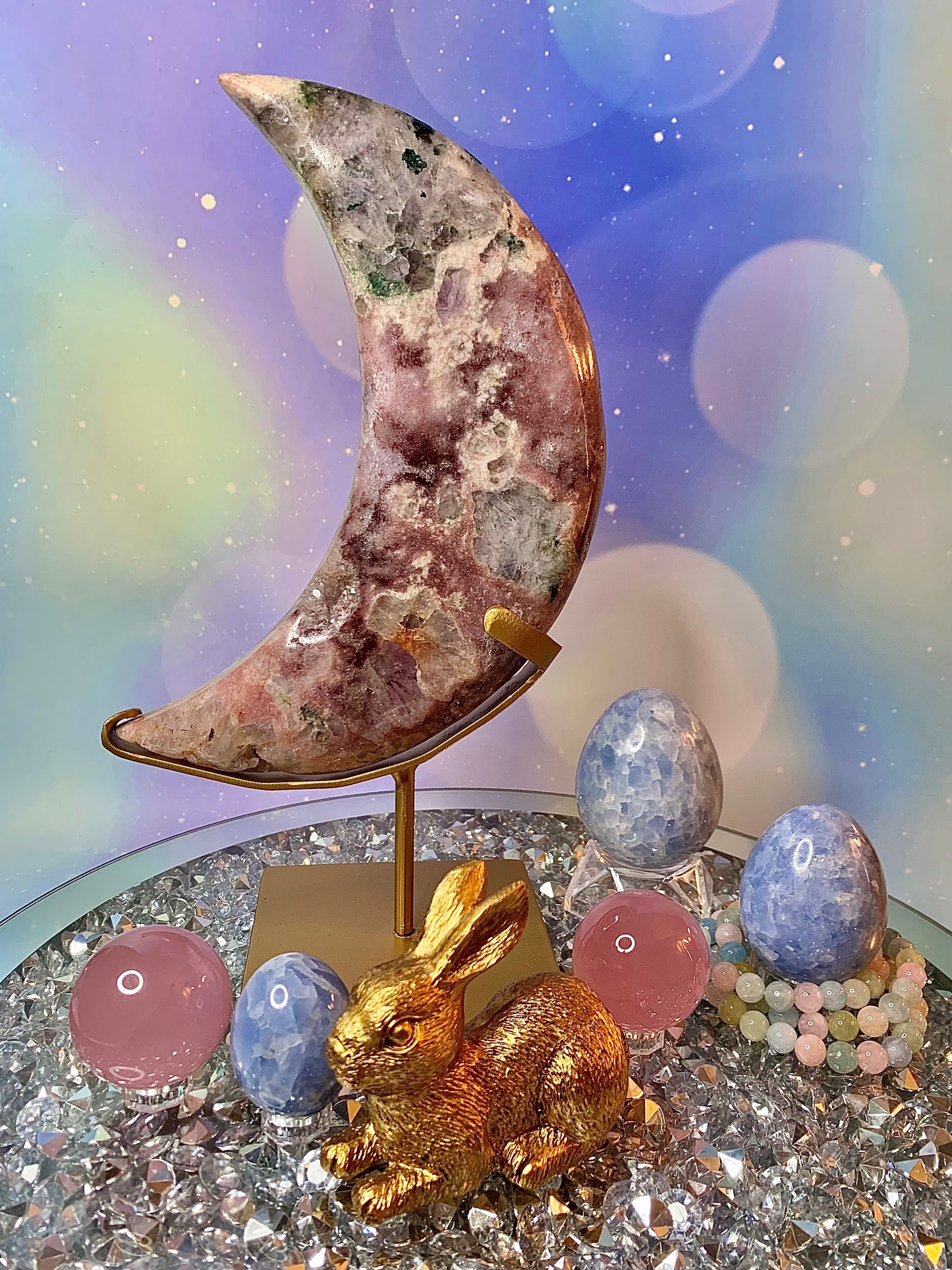 Brazilian Pink Amethyst with Green Jasper Crescent 🌙 Moon On Stand