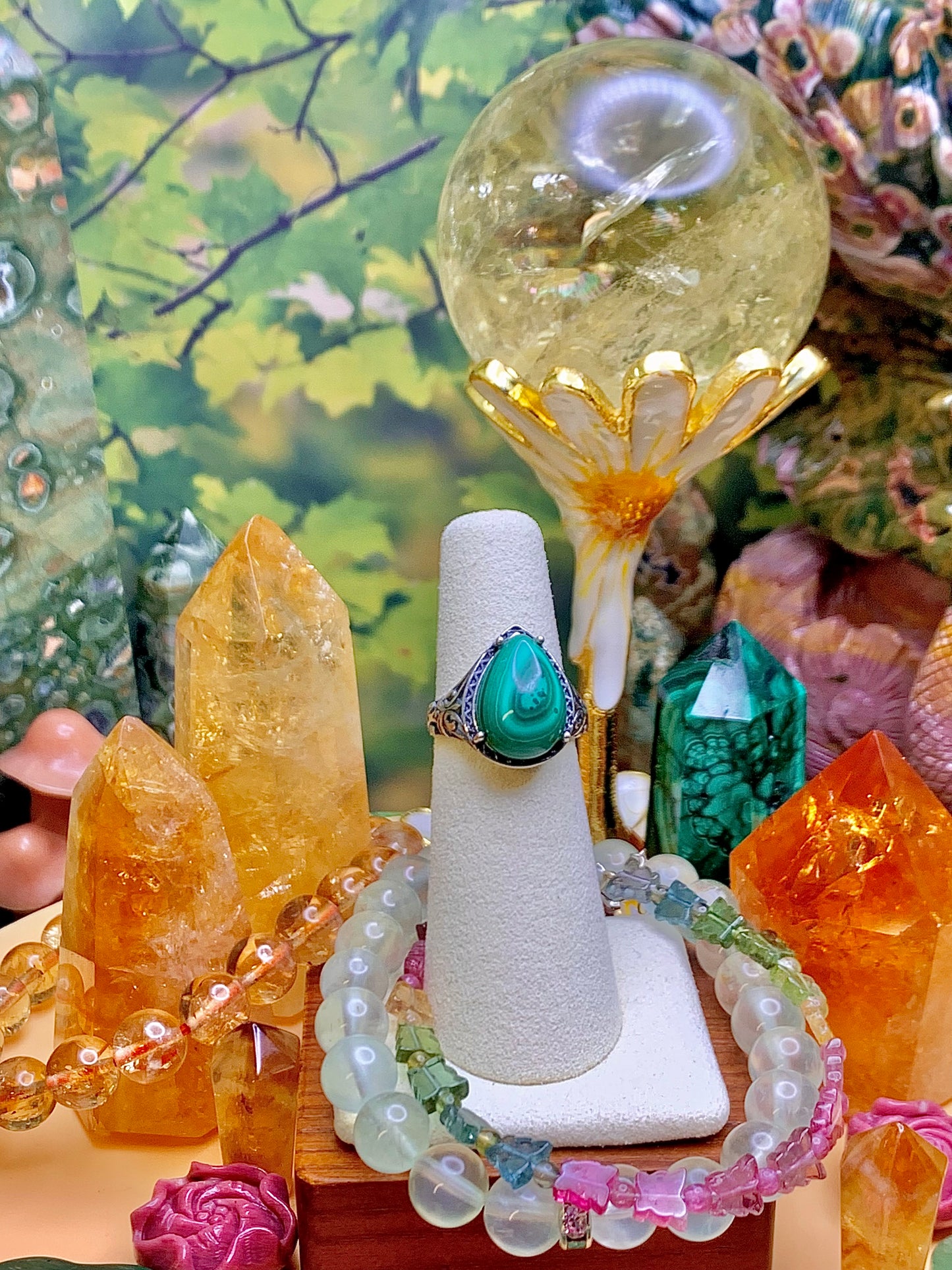 Malachite Teardrop Cabochon Ring in Sterling Silver (Vintage Style)