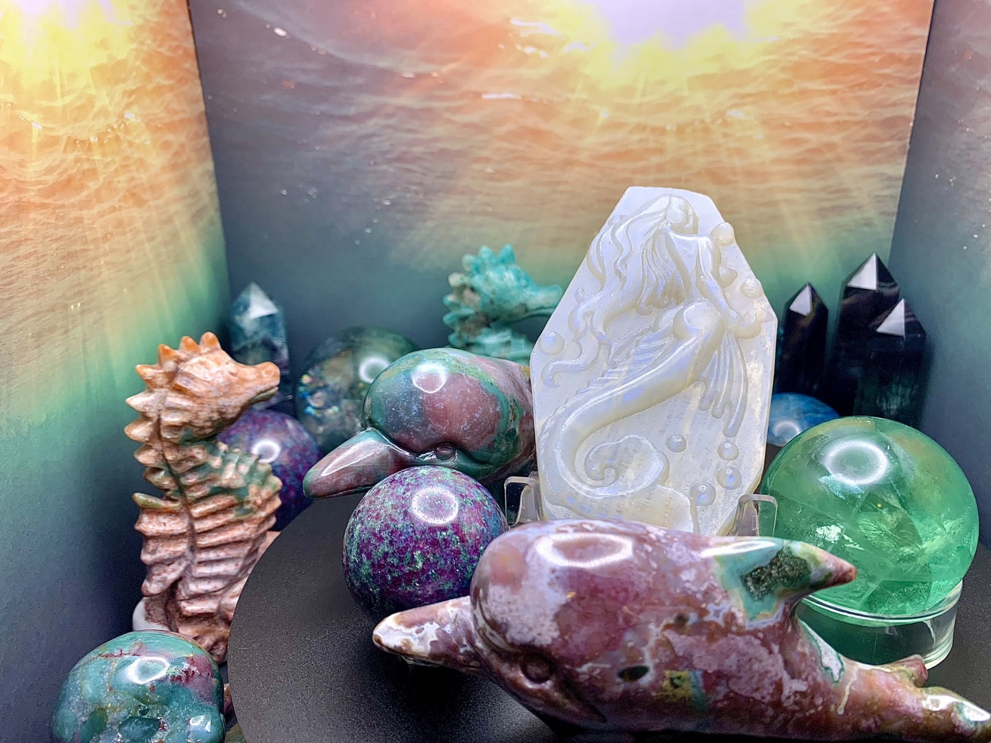 Blue-Flash White Moonstone *HQ Mermaid Carving