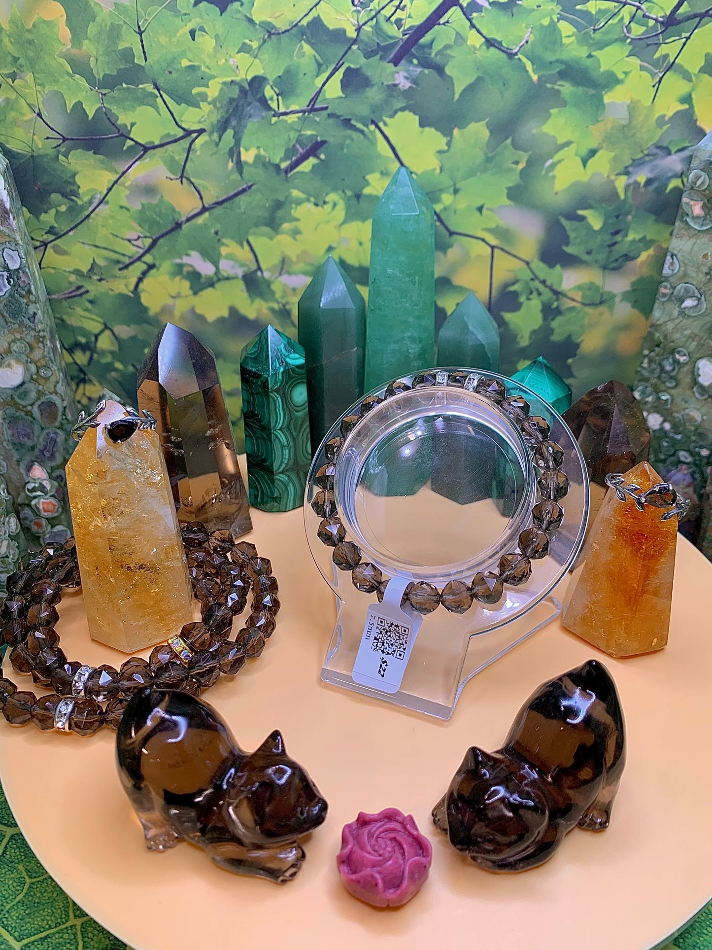 Smoky Quartz Faceted Bead Bracelet 8-8.5mm with Silver Rhinestone Spacers