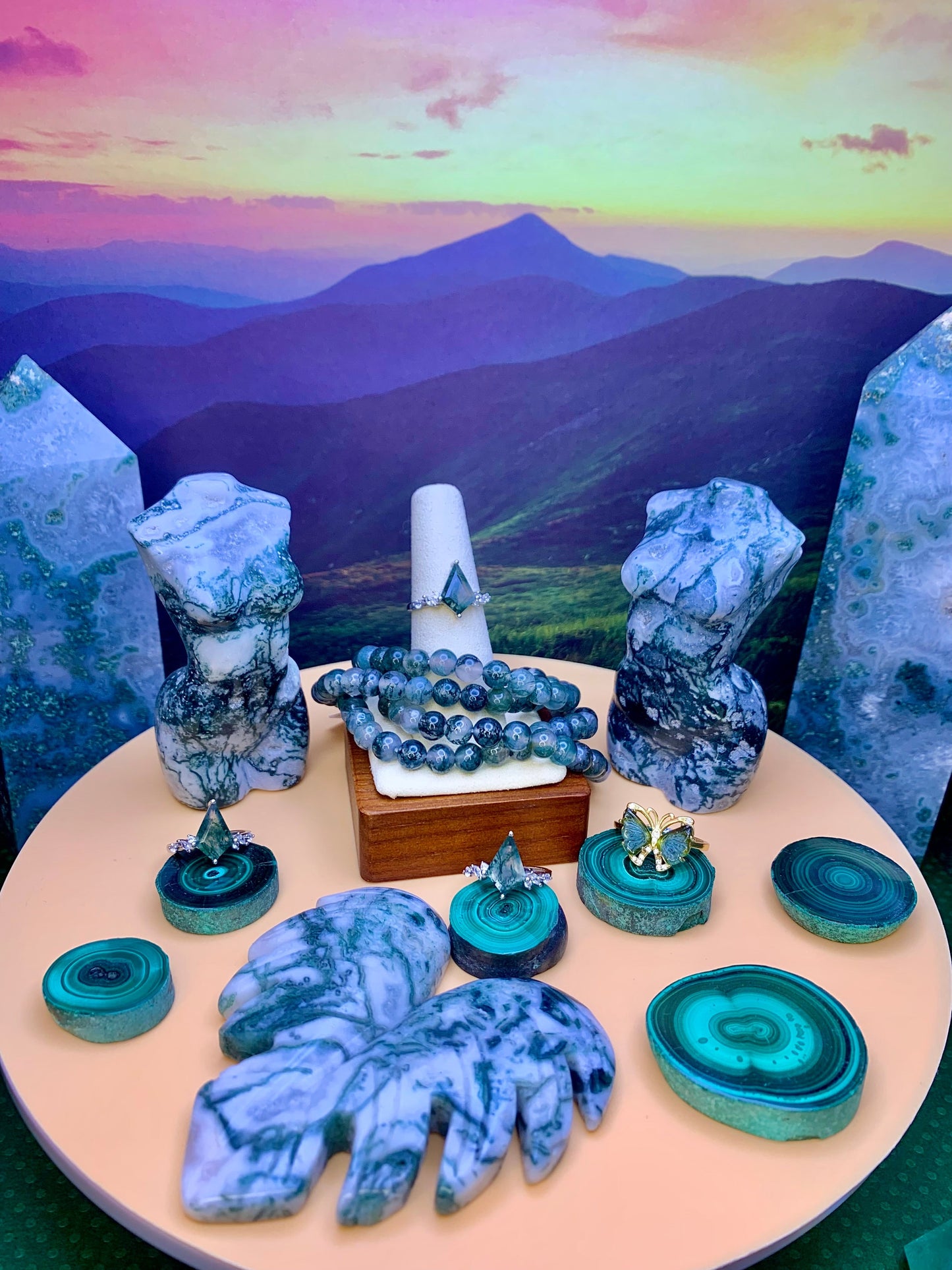 Moss Agate Round Bead Bracelet 6.5mm with Gold Hematite Spacers