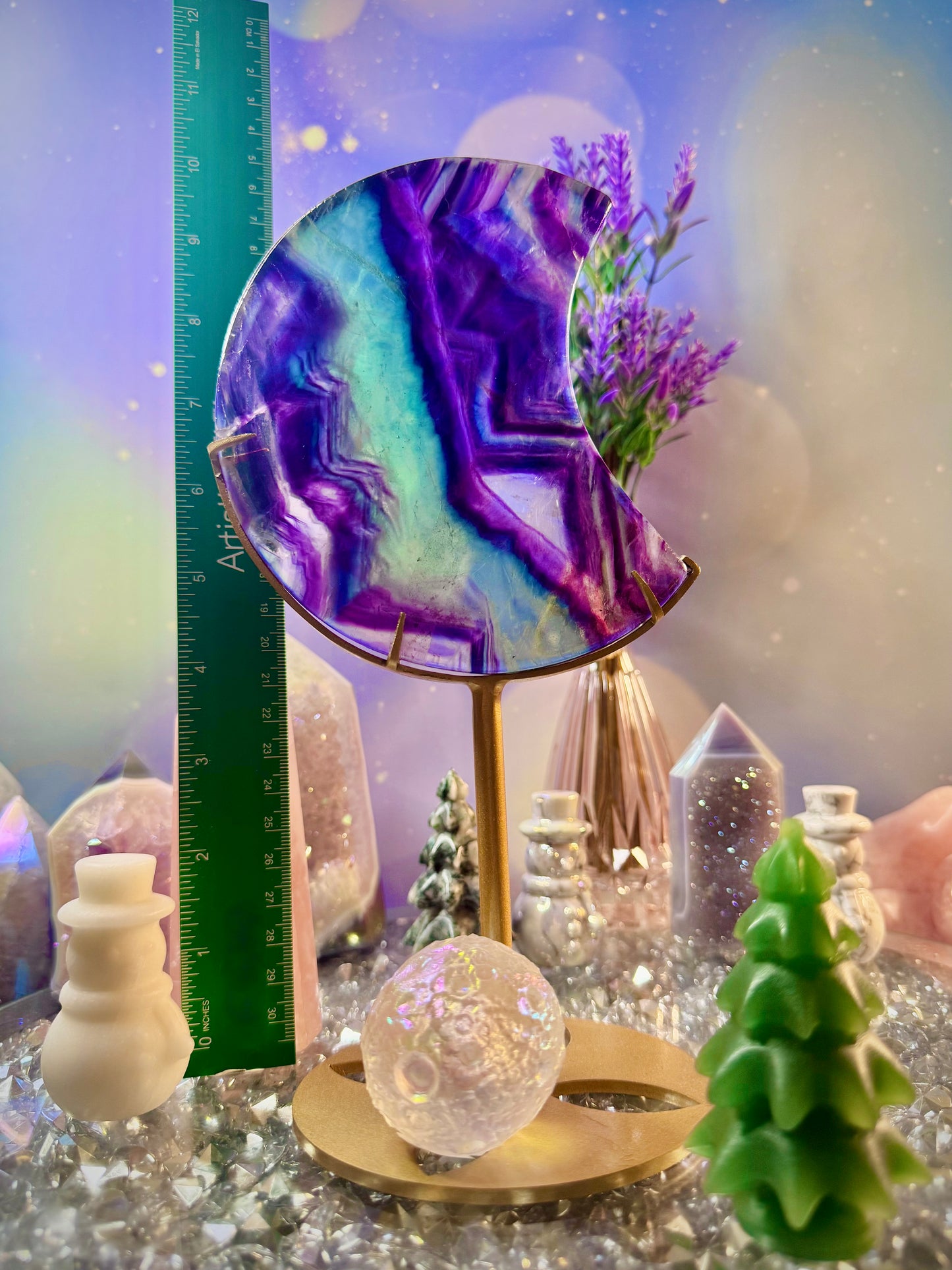 Rainbow ๐ Fluorite Crescent Moon ๐ on Stand
