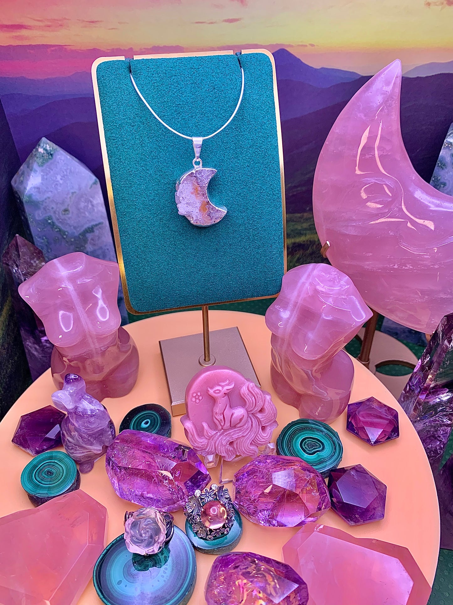 Amethyst Druzy Crescent Moon Pendant (Sterling Silver)