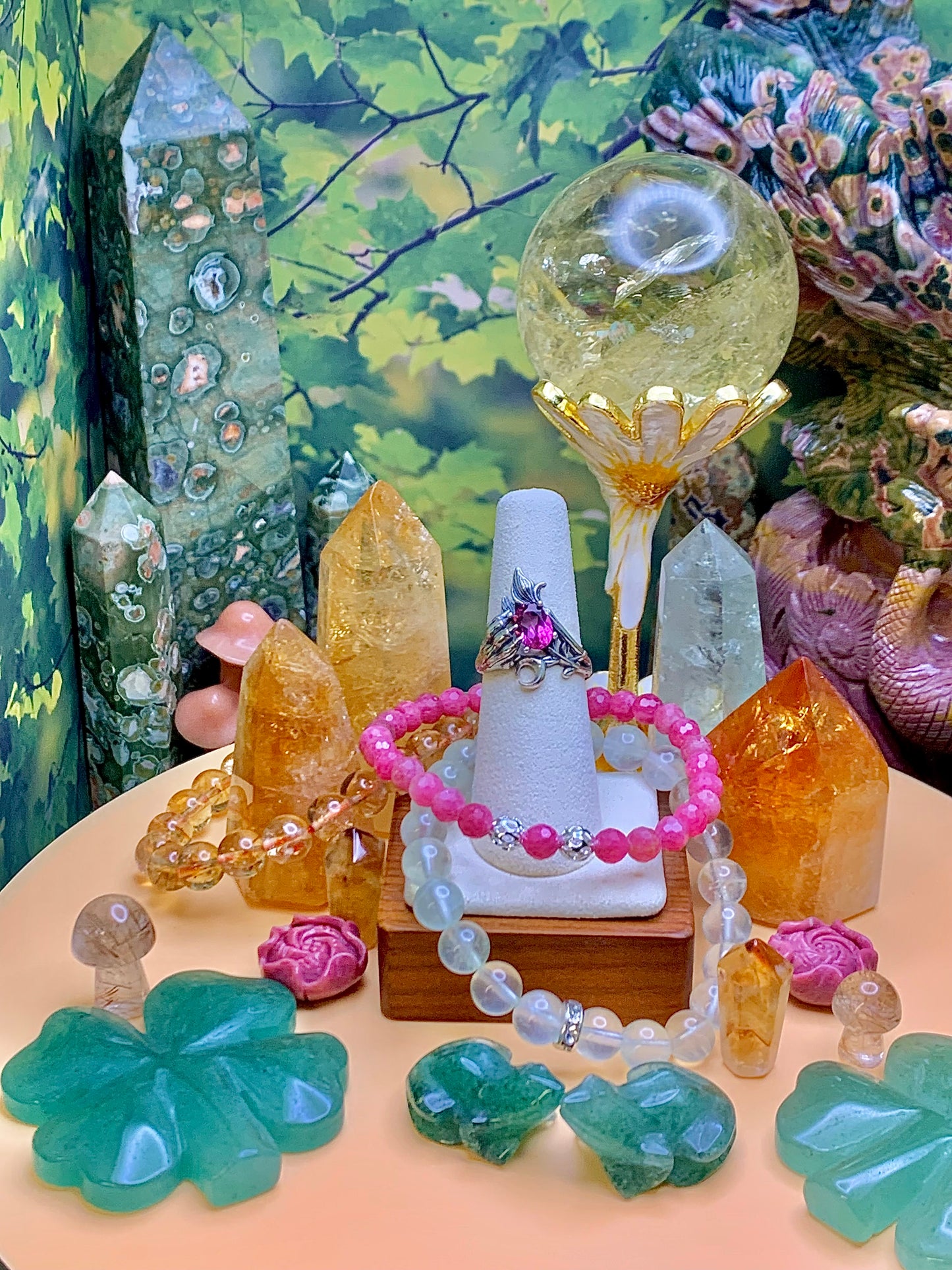 Pink Topaz Cat Paw 🐾 & Crescent 🌙Moon Ring in Sterling Silver