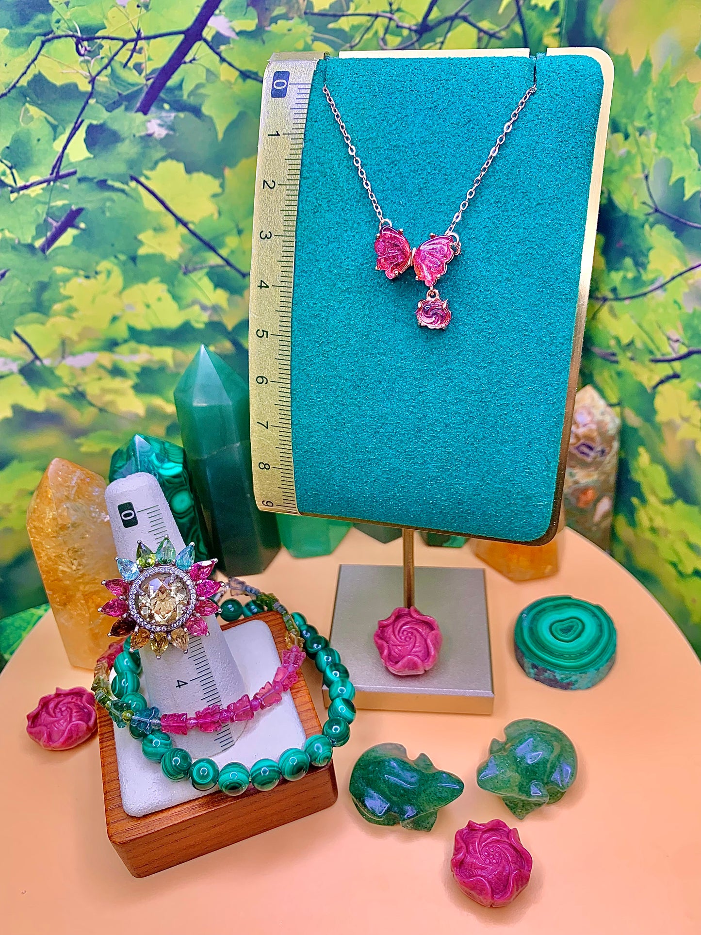 Pink Tourmaline Butterfly 🦋 with Flower Charm set in a plated Rose Gold over Alloy