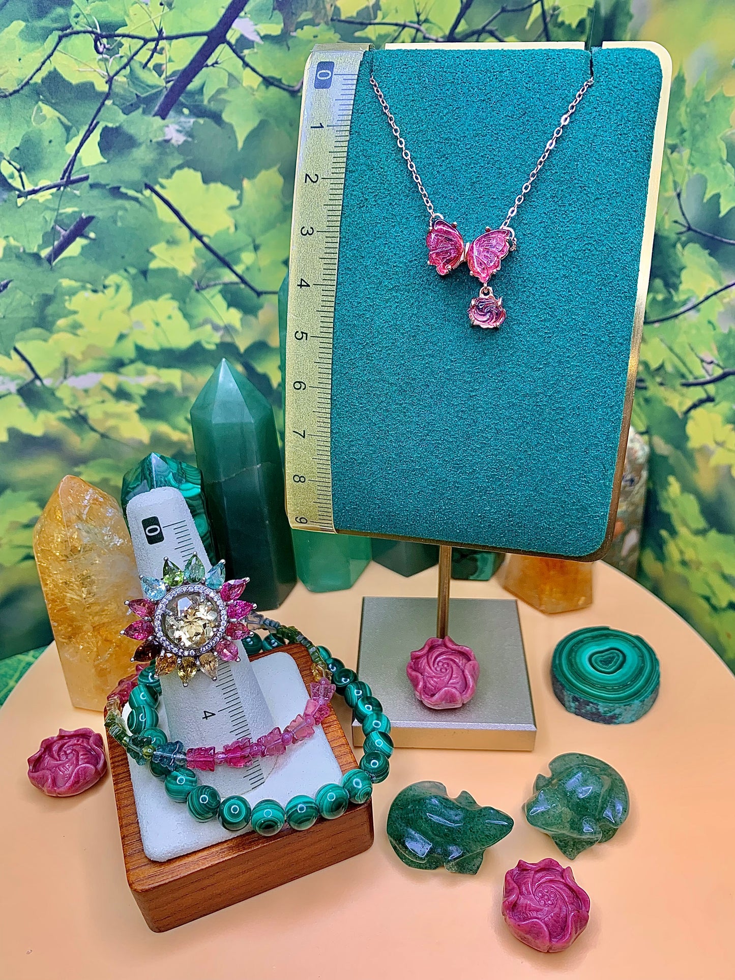 Pink Tourmaline Butterfly 🦋 with Flower Charm set in a plated Rose Gold over Alloy
