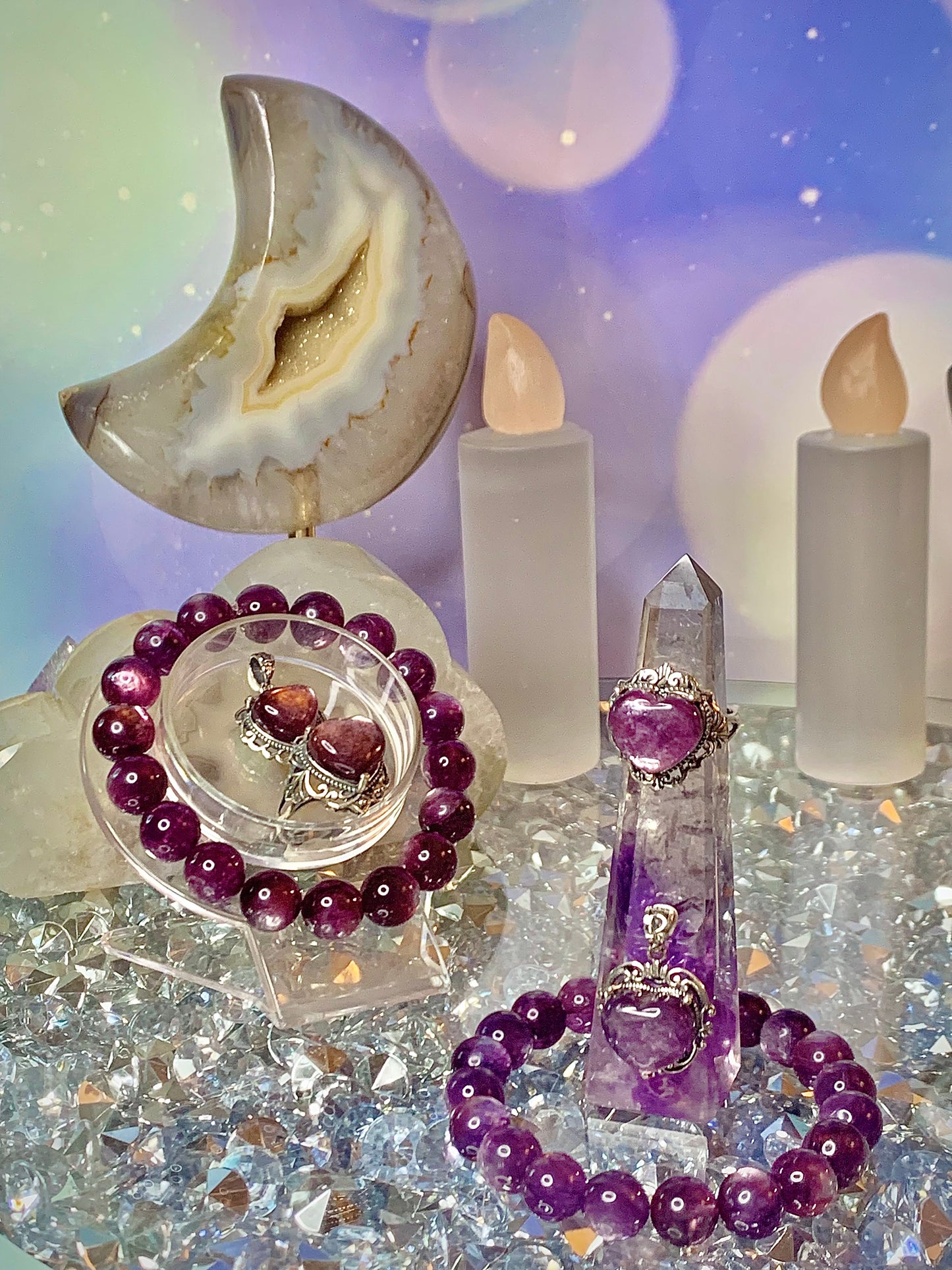 Lepidolite Round Bead Bracelet, Heart Ring & Pendant Set