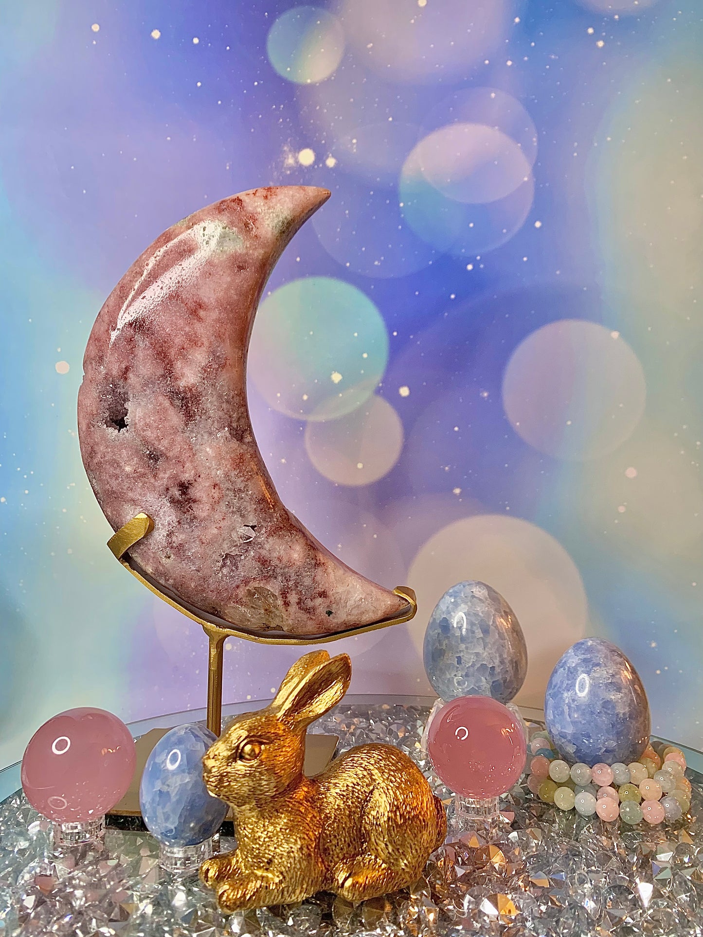 Brazilian Pink Amethyst with Green Jasper Crescent 🌙 Moon On Stand