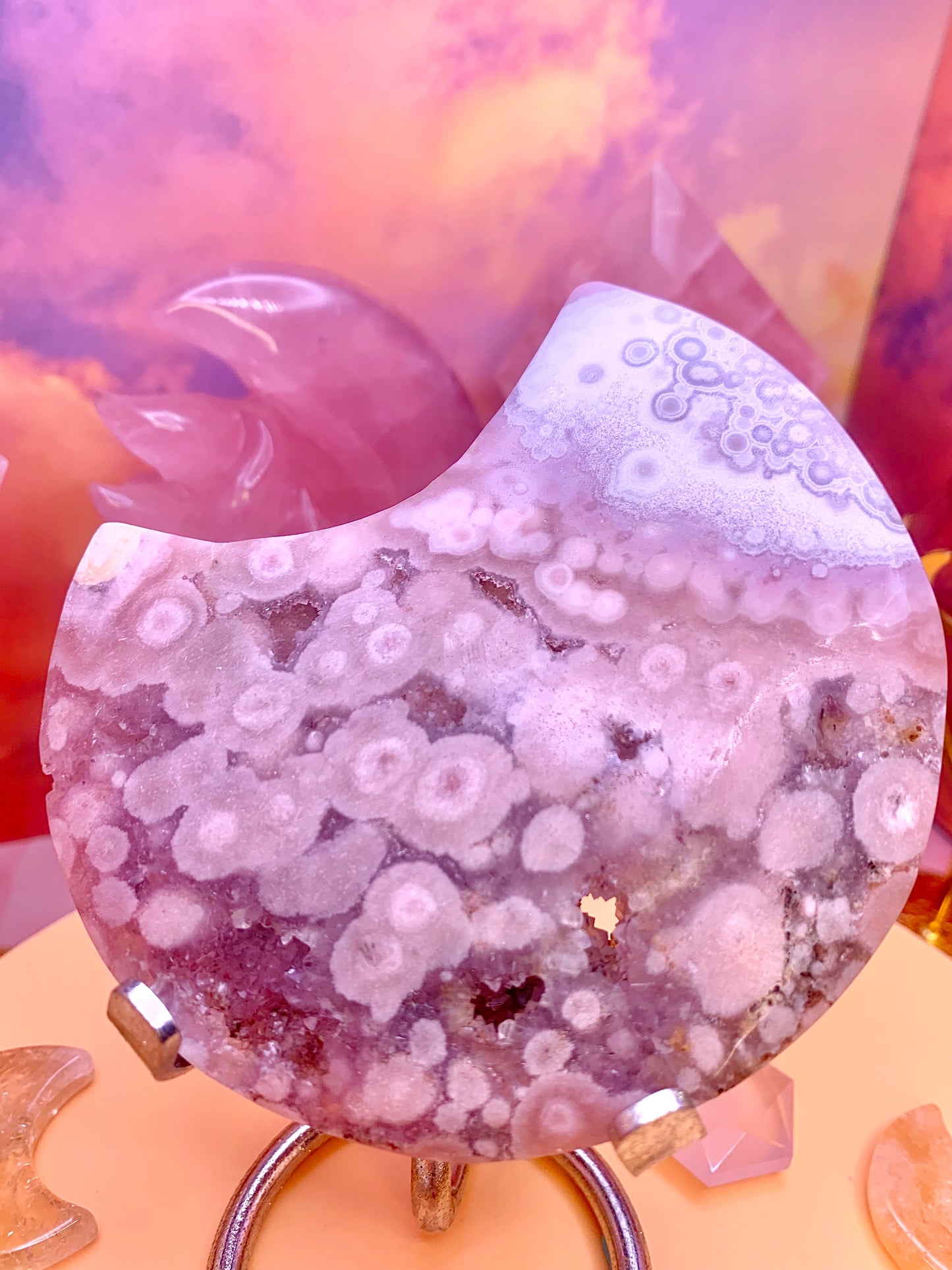Pink Amethyst & Flower Agate Moon 🌙 on Stand