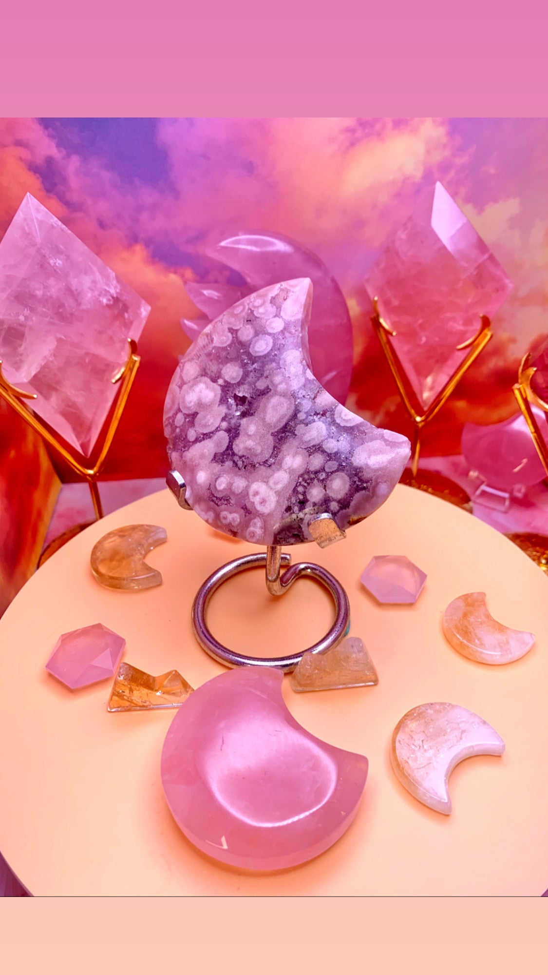 Pink Amethyst & Flower Agate Moon 🌙 on Stand