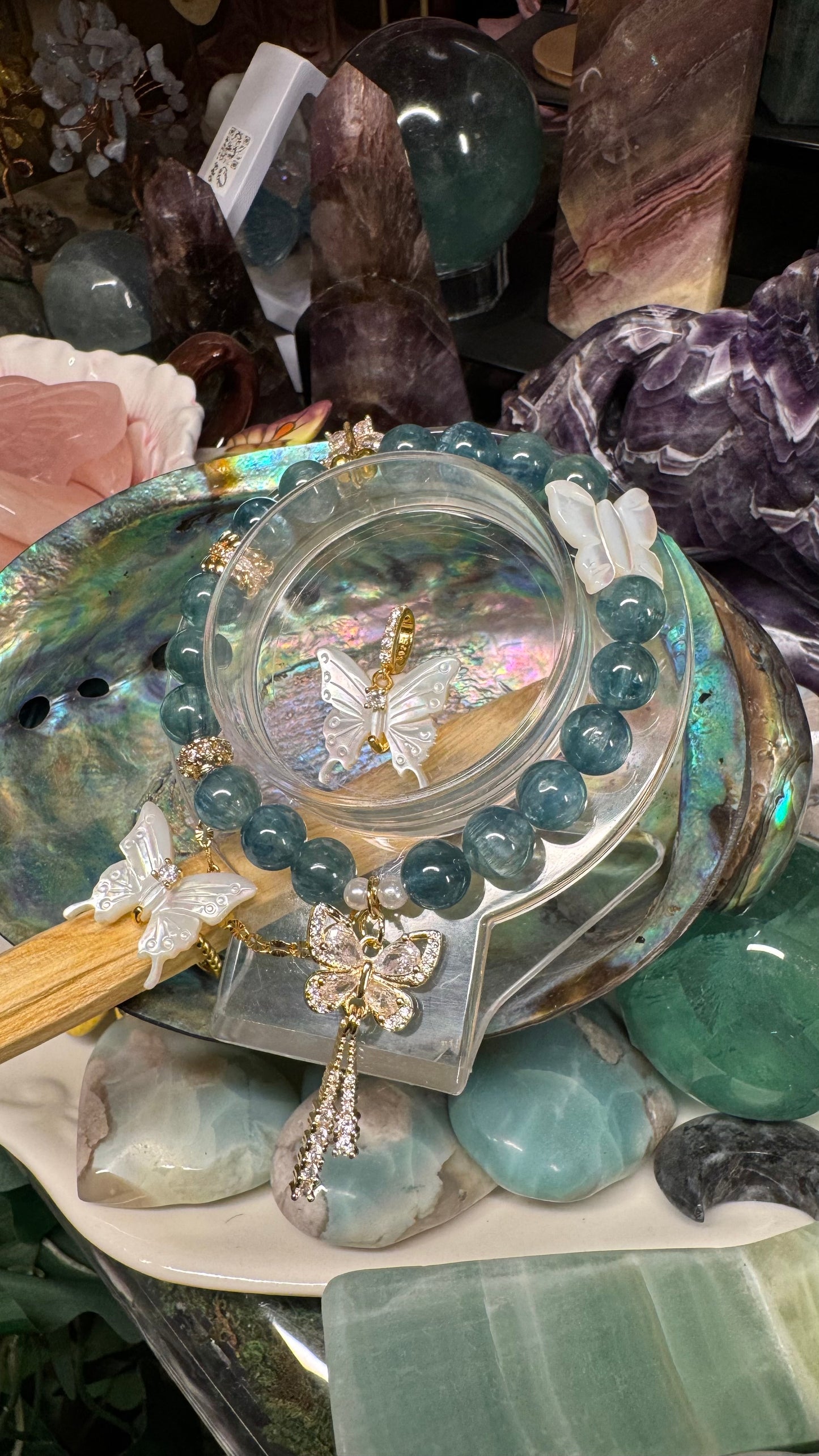 Green/Blue Kyanite 10mm Bracelet with Gold Accents and Butterfly 🦋 Charms in a Set With Mother of Pearl Butterfly 🦋 Ring and Pendant