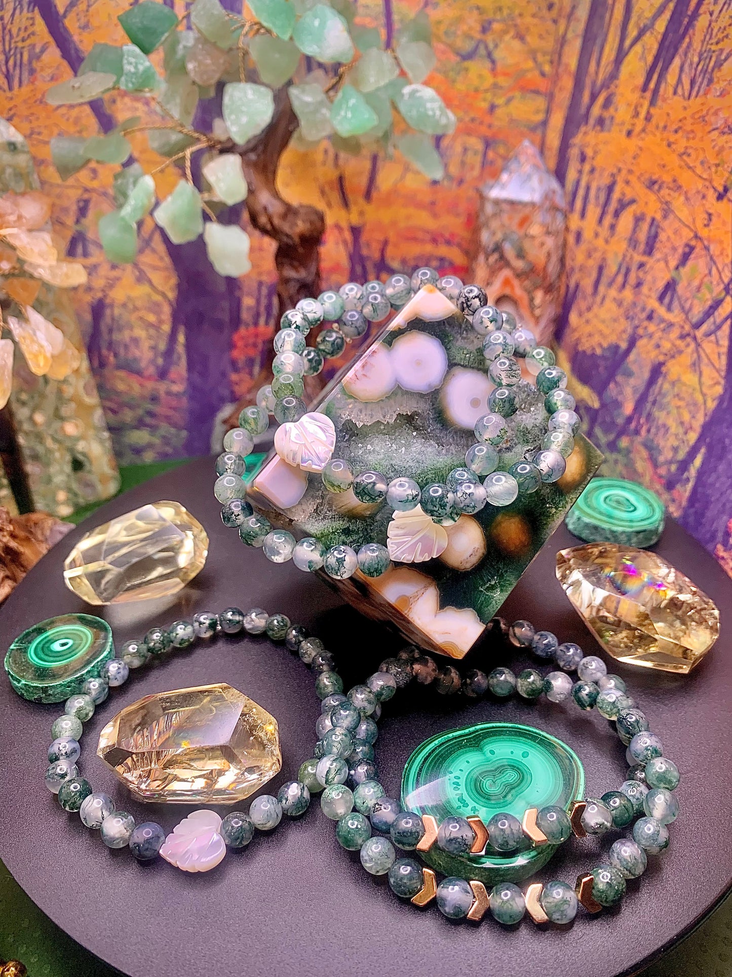 Moss Agate Round Bead Bracelet 6.5mm with Gold Hematite Spacers