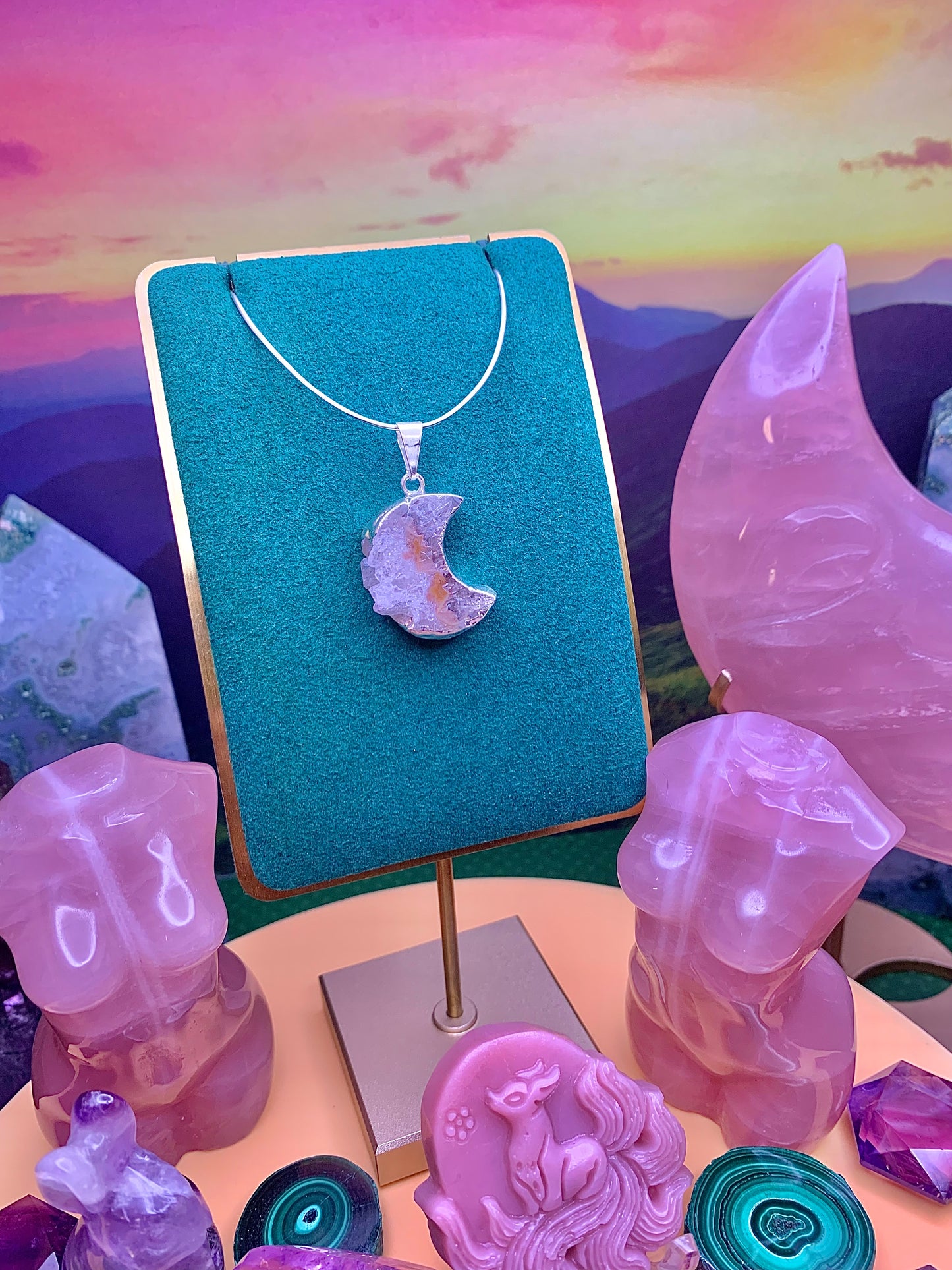 Amethyst Druzy Crescent Moon Pendant (Sterling Silver)