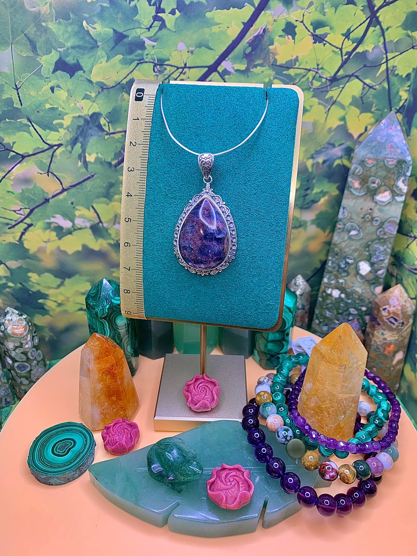 Iolite with Confetti Sunstone Pendant set in Sterling Silver (Vintage Style)