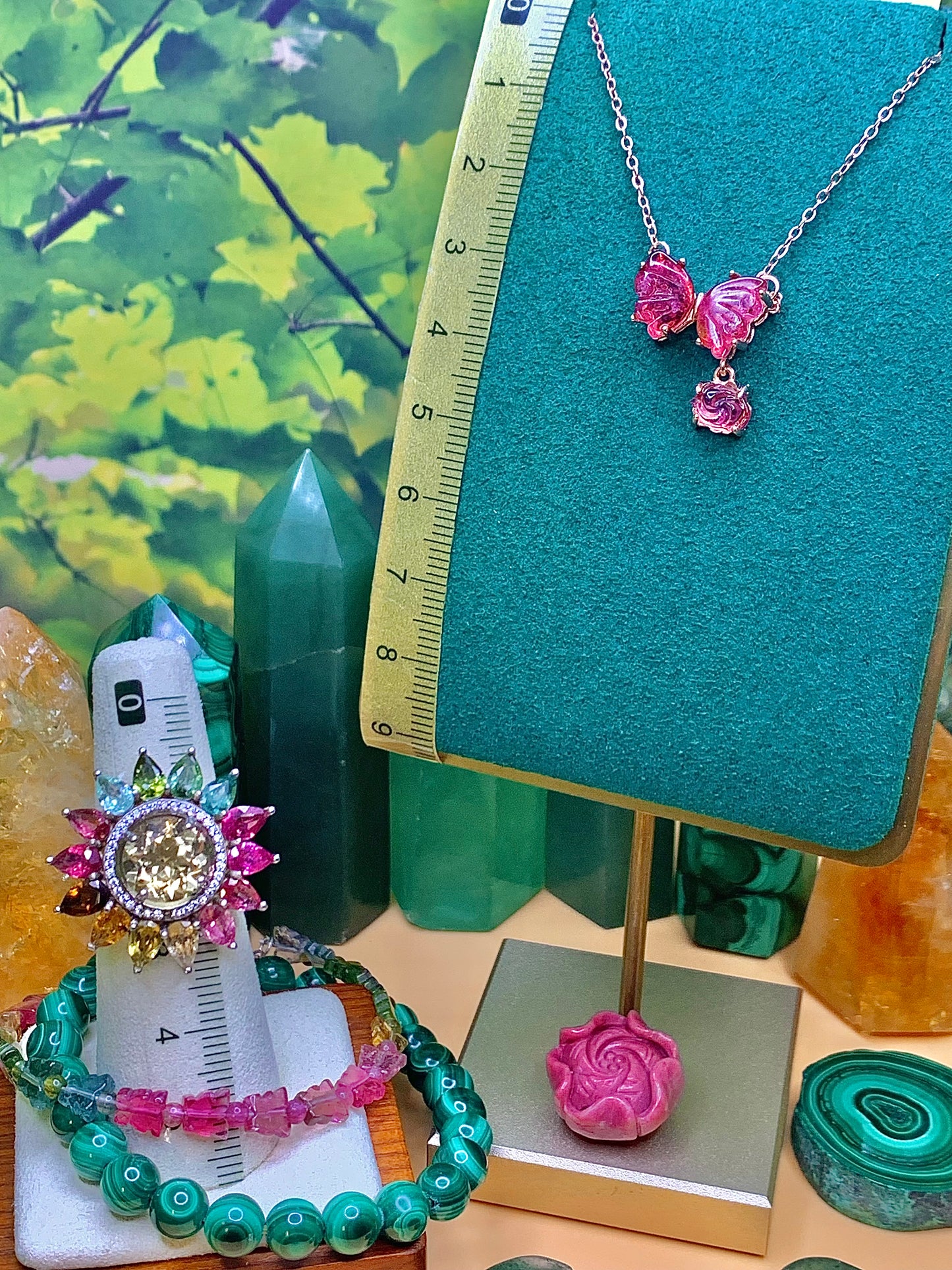 Pink Tourmaline Butterfly 🦋 with Flower Charm set in a plated Rose Gold over Alloy