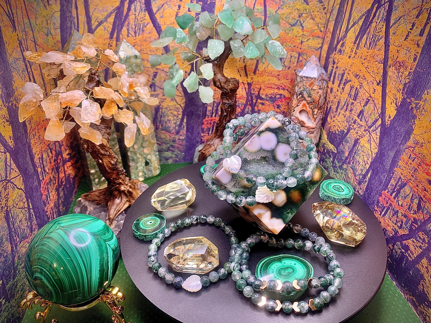 Moss Agate Round Bead Bracelet 6.5mm with Gold Hematite Spacers