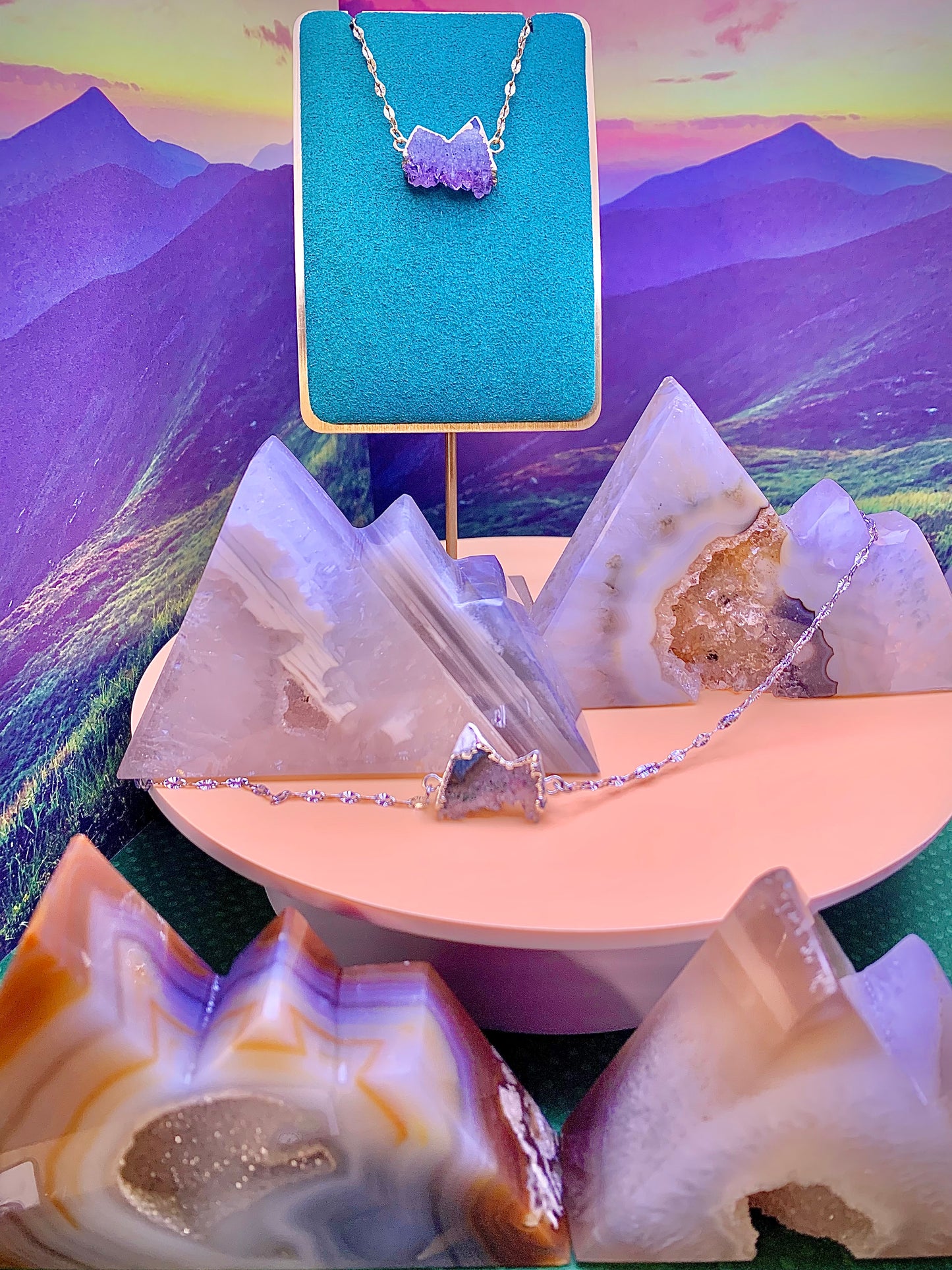 Gold Plated Druzy Agate Mountain ⛰️ Pendant on Gold Plated Chain.