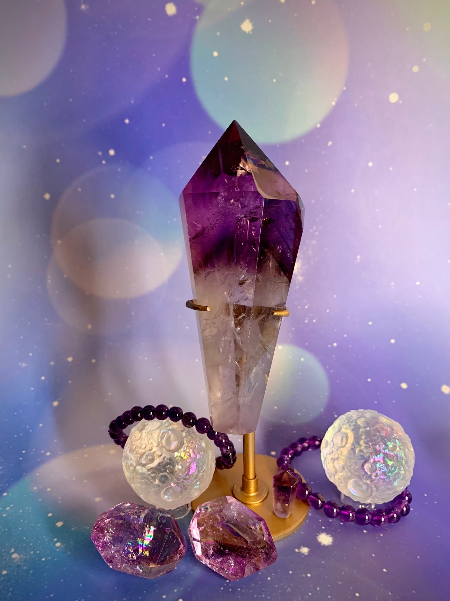 Amethyst Torch Wand on Golden Stand