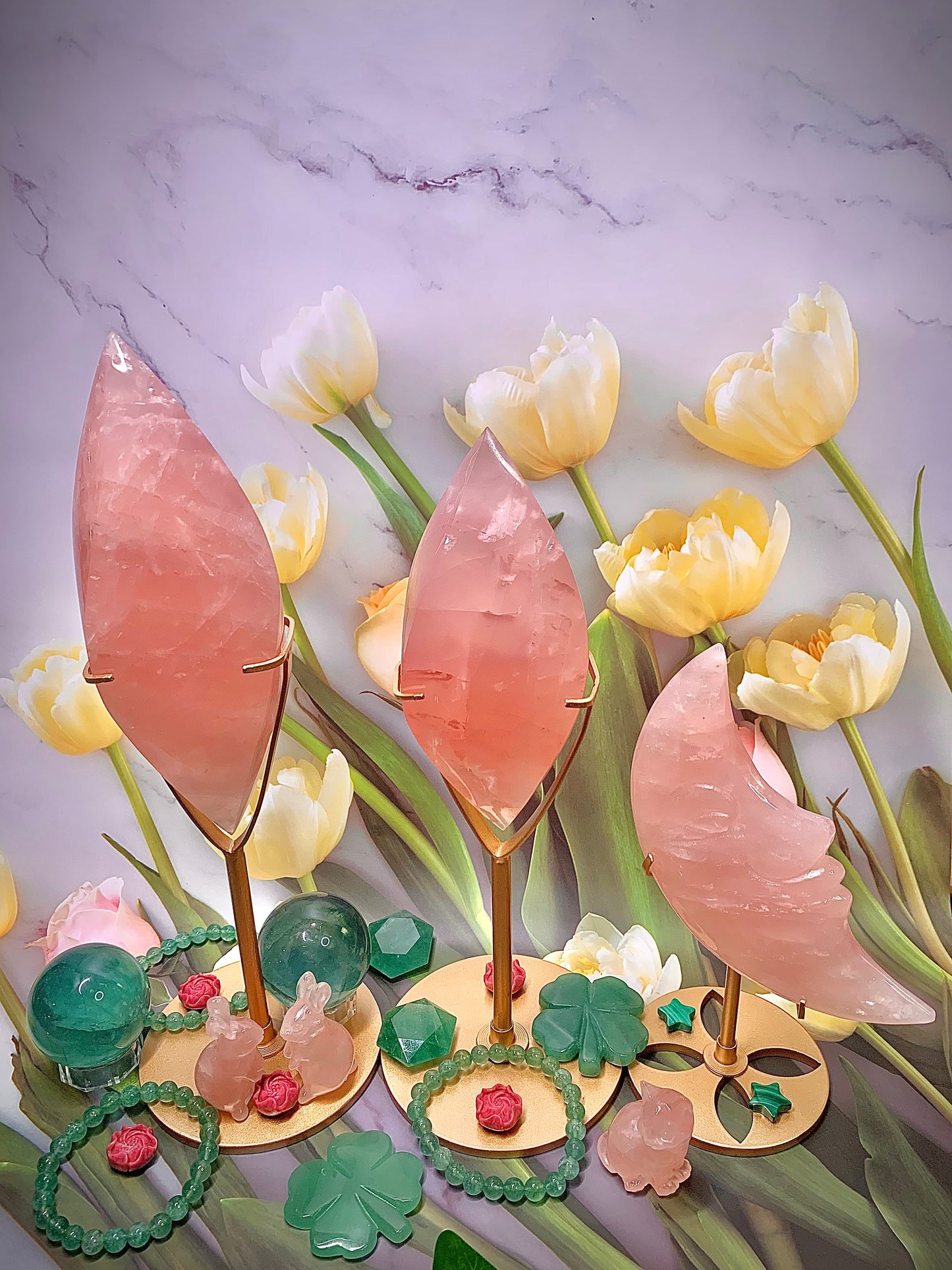 Flamingo 🦩 Pink HQ* Rose Quartz Cresent Moon Face on Stand