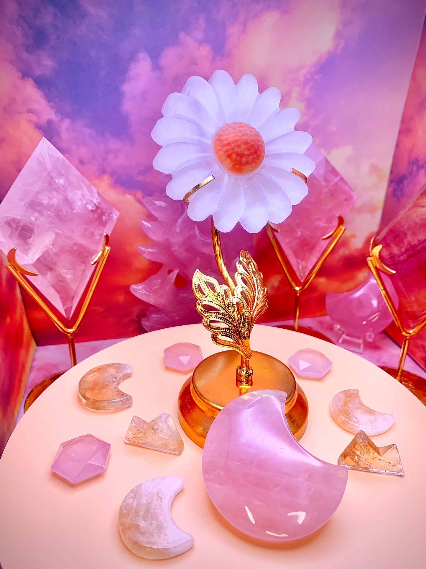 Selenite Sunflower 🌻 Carving on Golden Stand