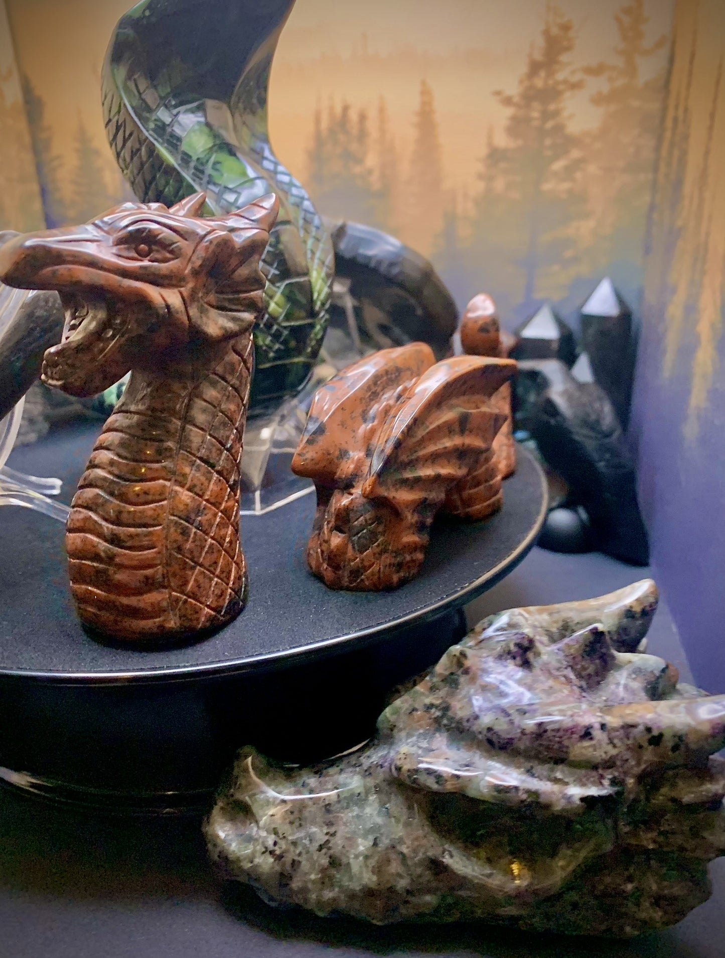 Mahogany Obsidian 3-Piece Dragon Carving