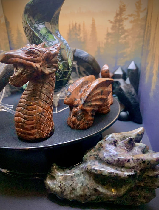 Mahogany Obsidian 3-Piece Dragon Carving