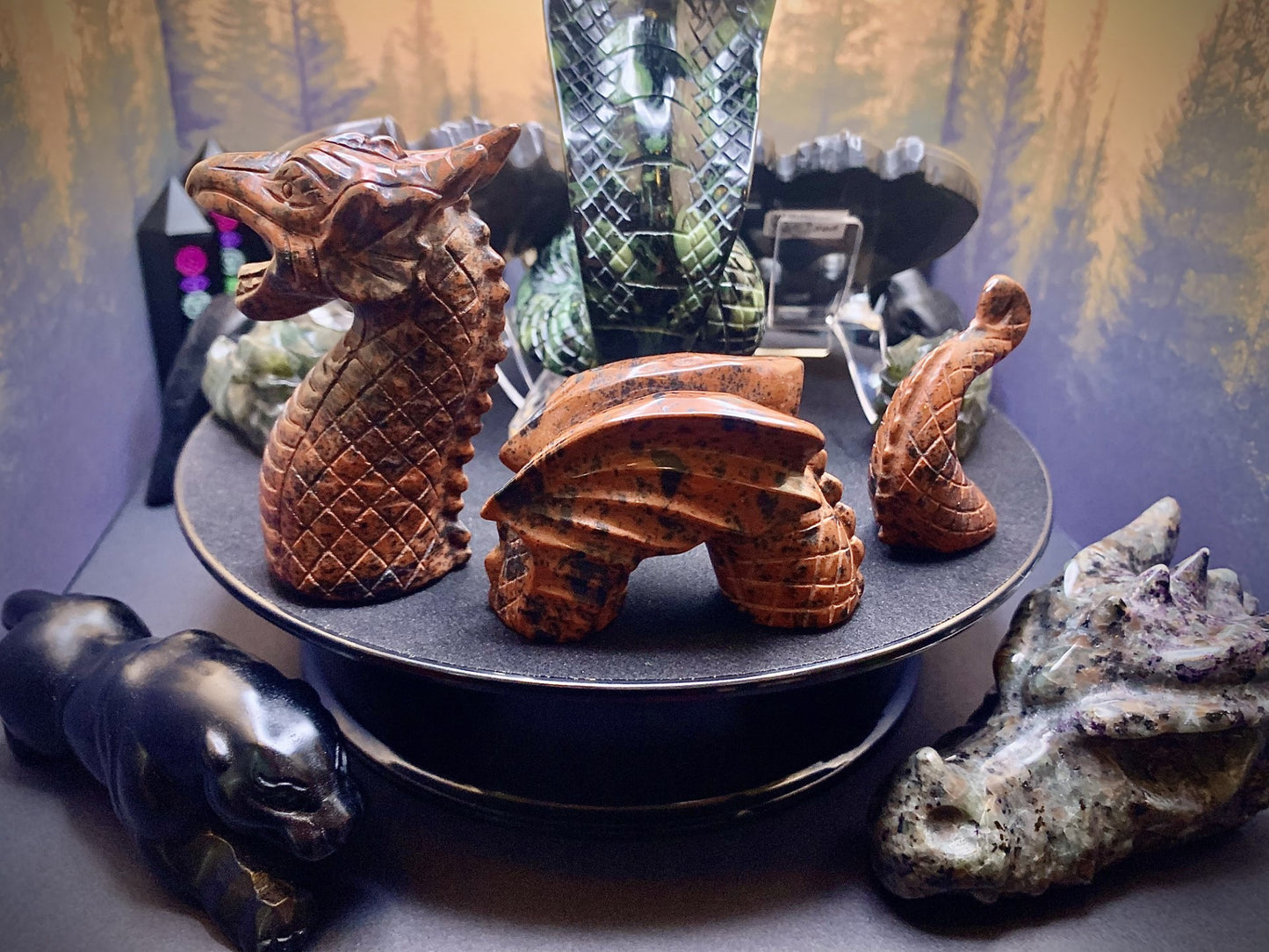 Mahogany Obsidian 3-Piece Dragon Carving