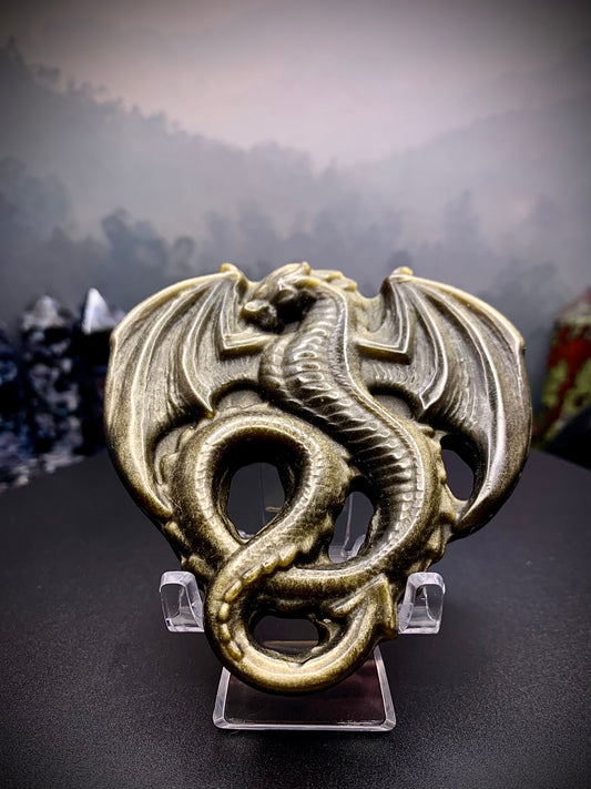 Golden Sheen Obsidian Dragon Carving