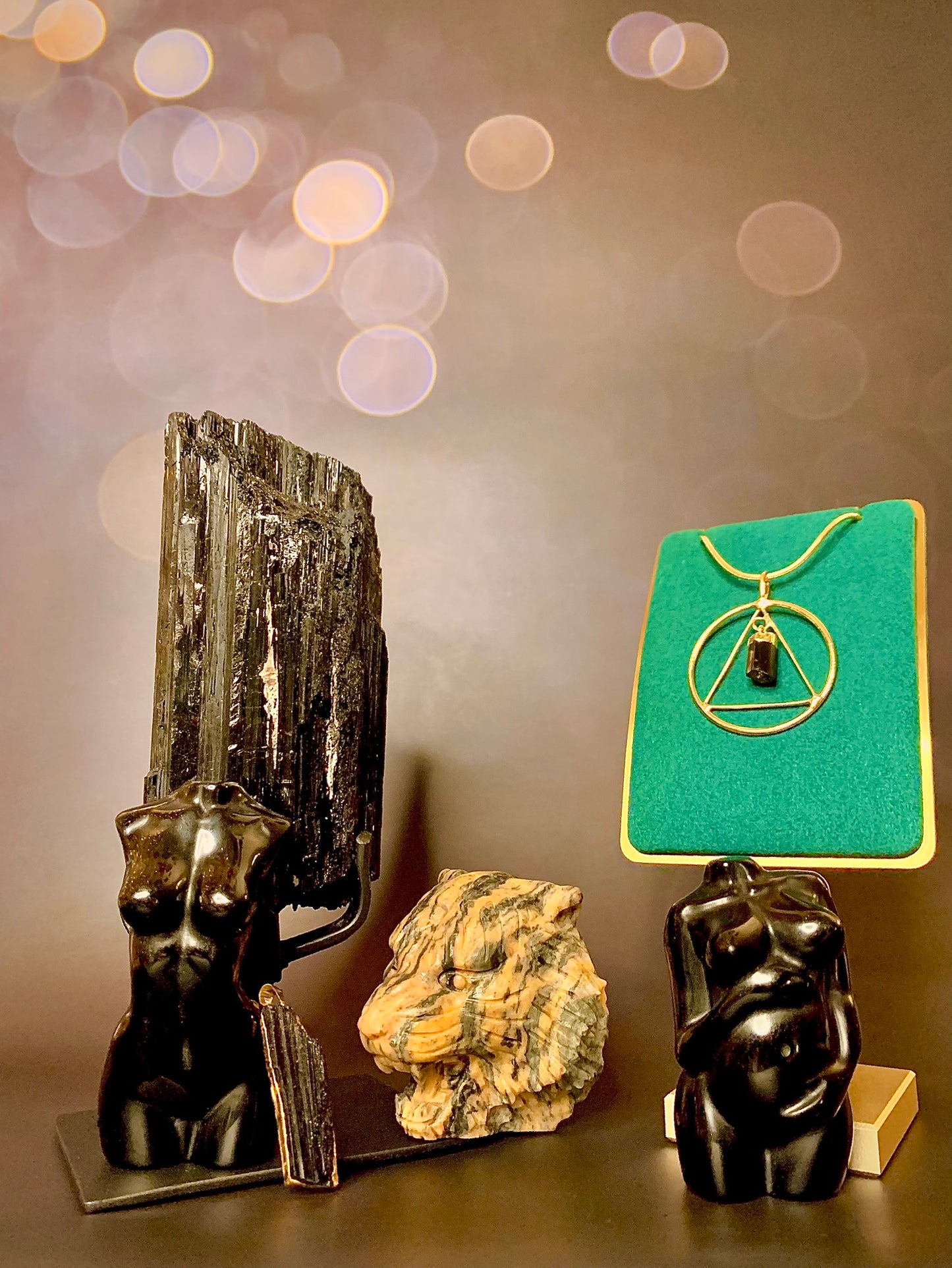 Black Tourmaline Triangle Pendant in Gold Plated Silver