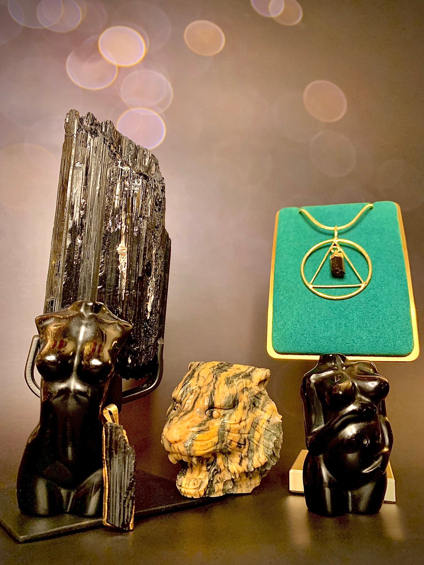 Black Tourmaline Triangle Pendant in Gold Plated Silver