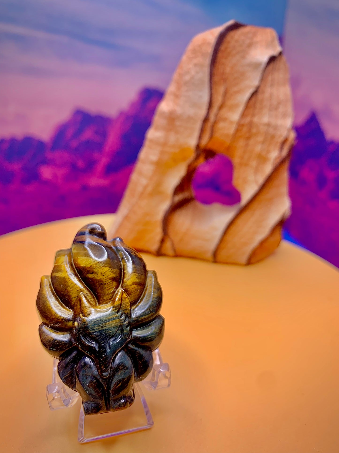 Tiger’s Eye 9-Tailed Fox Carving