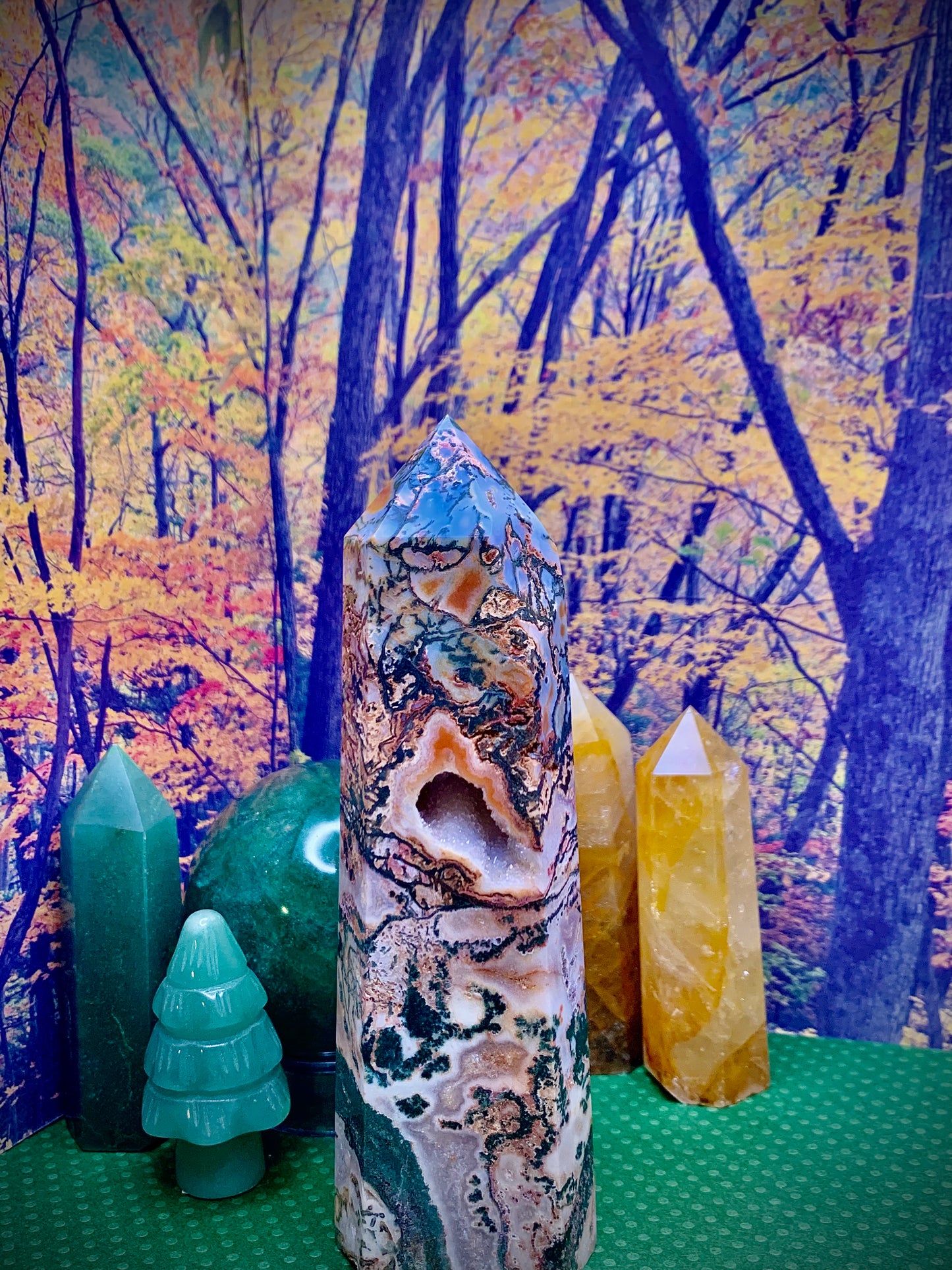 Green & Orange Moss Agate Druzy Tower (Large)