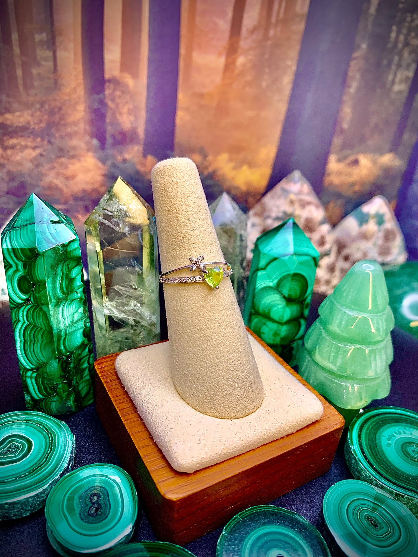 Peridot Heart Ring with Petite Flower in Sterling Silver *Adjustable*