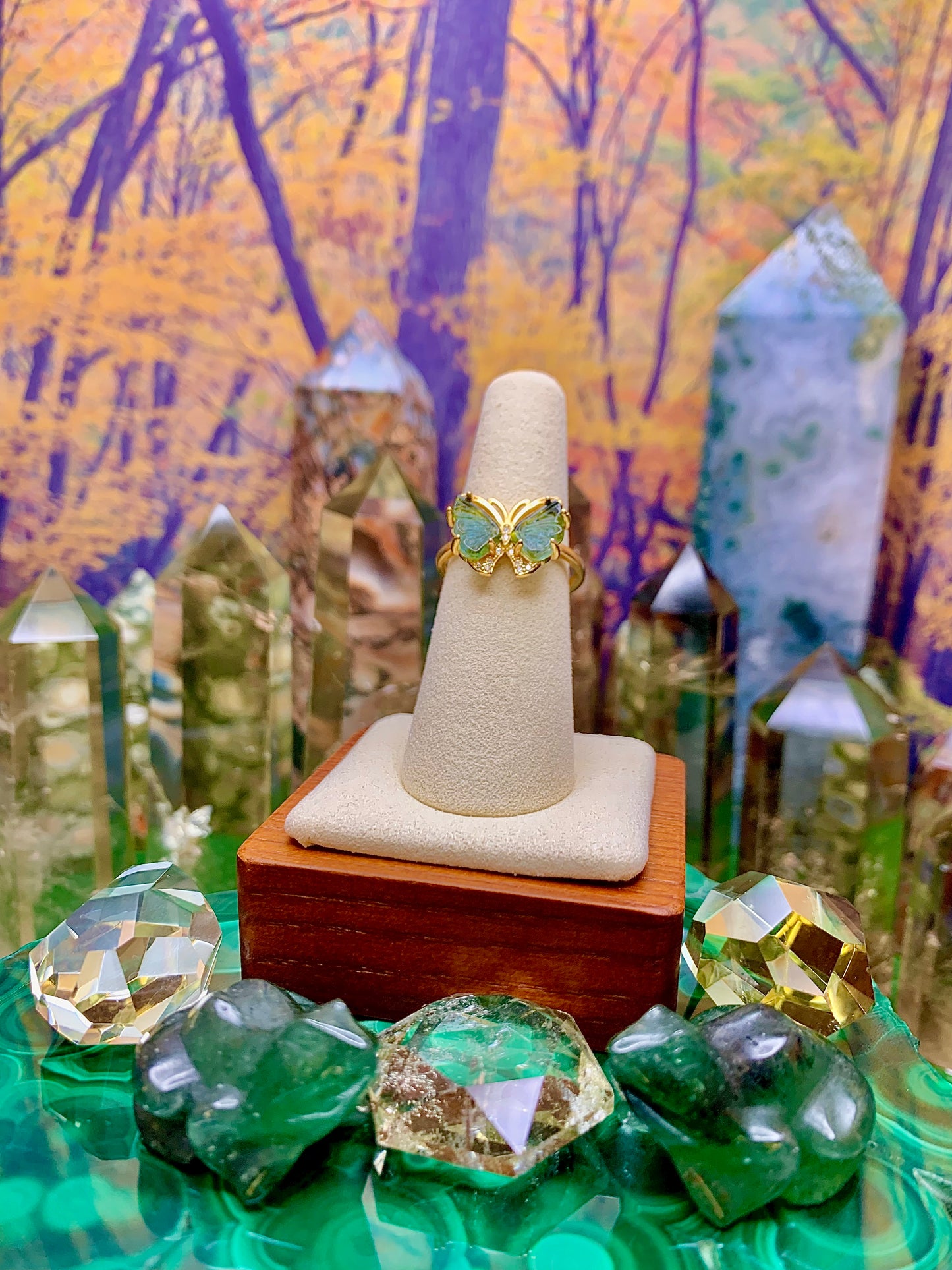 Green Tourmaline Butterfly Ring in Sterling Silver with Gold Plating