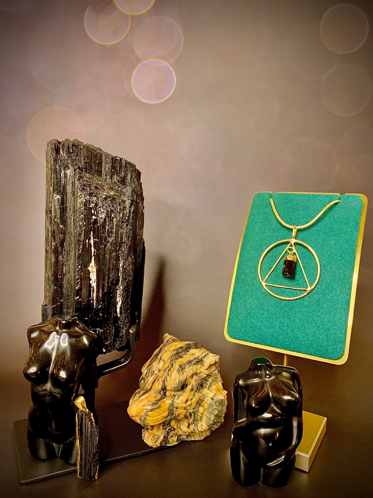 Black Tourmaline Triangle Pendant in Gold Plated Silver