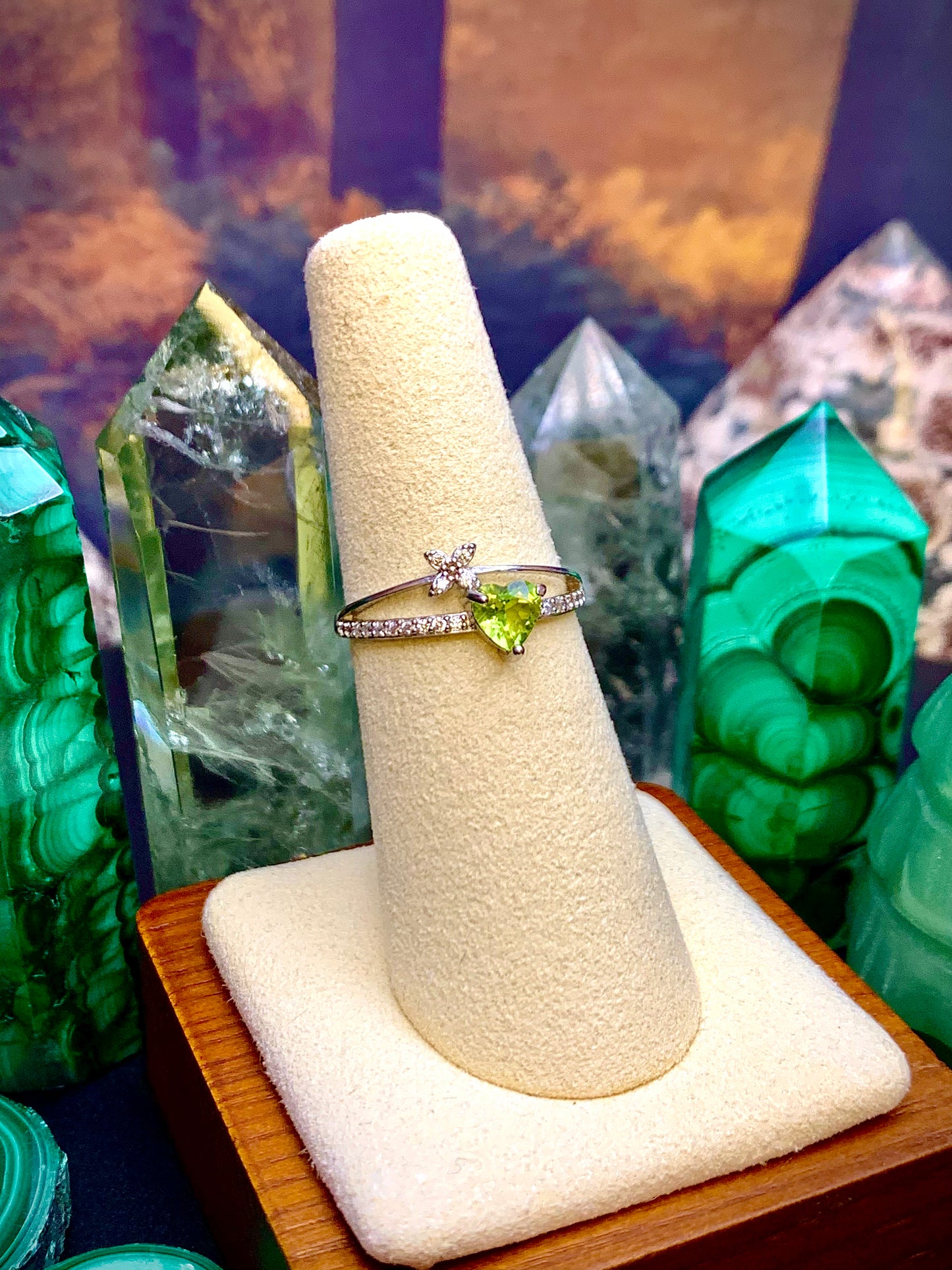 Peridot Heart Ring with Petite Flower in Sterling Silver *Adjustable*
