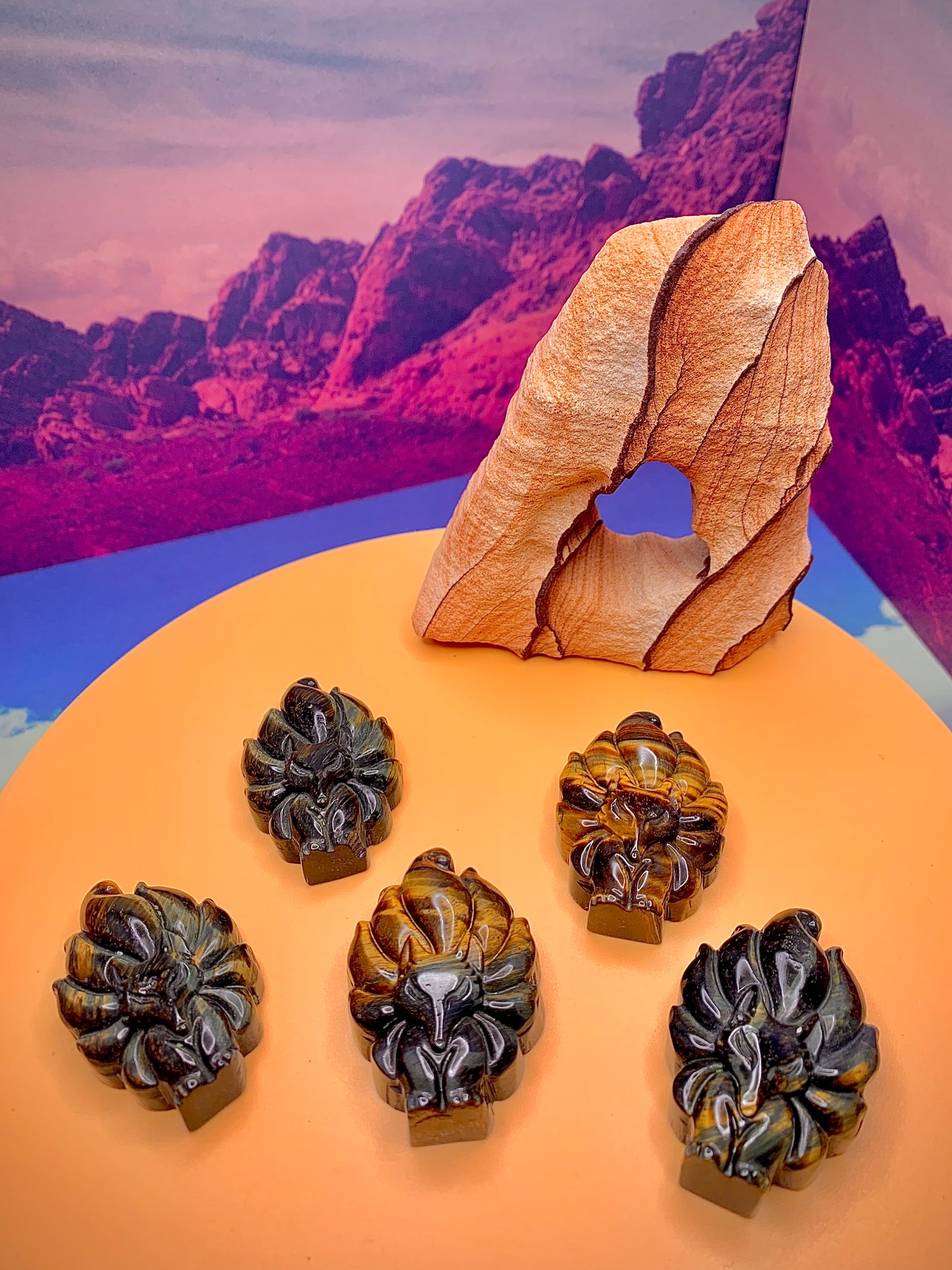 Tiger’s Eye 9-Tailed Fox Carving