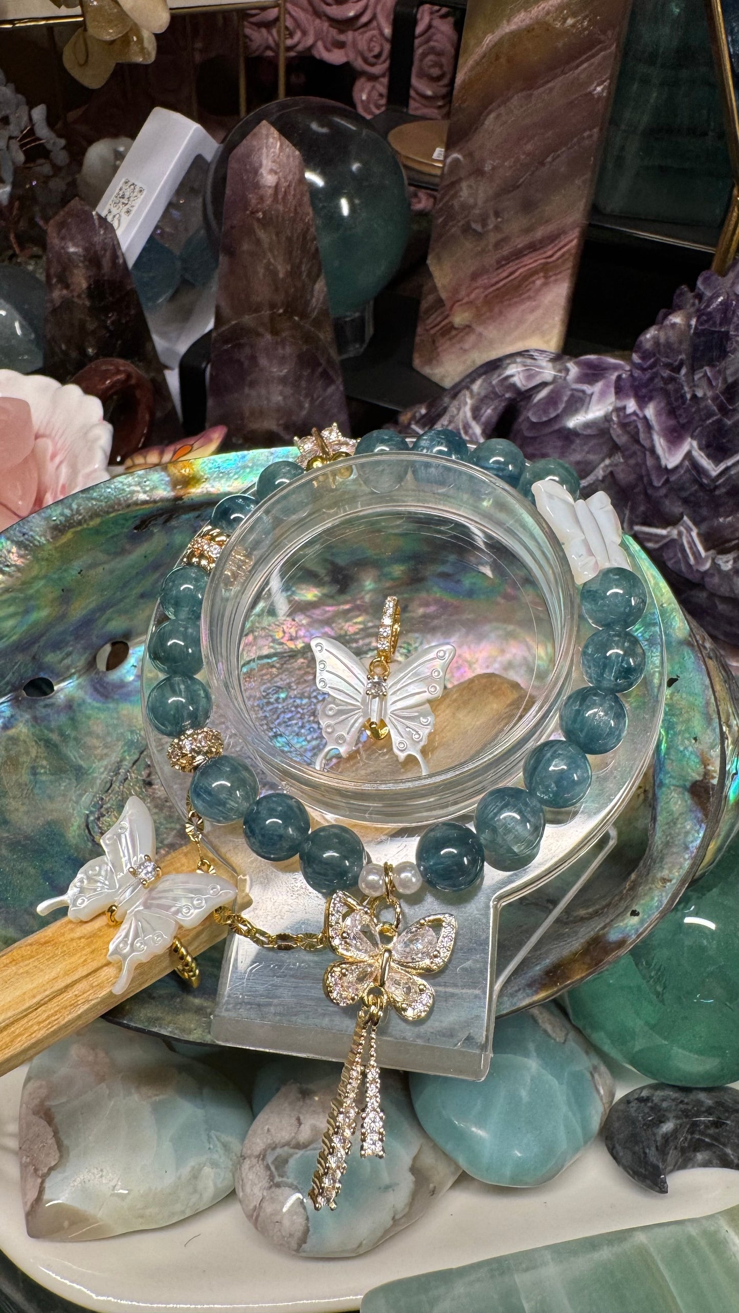 Green/Blue Kyanite 10mm Bracelet with Gold Accents and Butterfly 🦋 Charms in a Set With Mother of Pearl Butterfly 🦋 Ring and Pendant