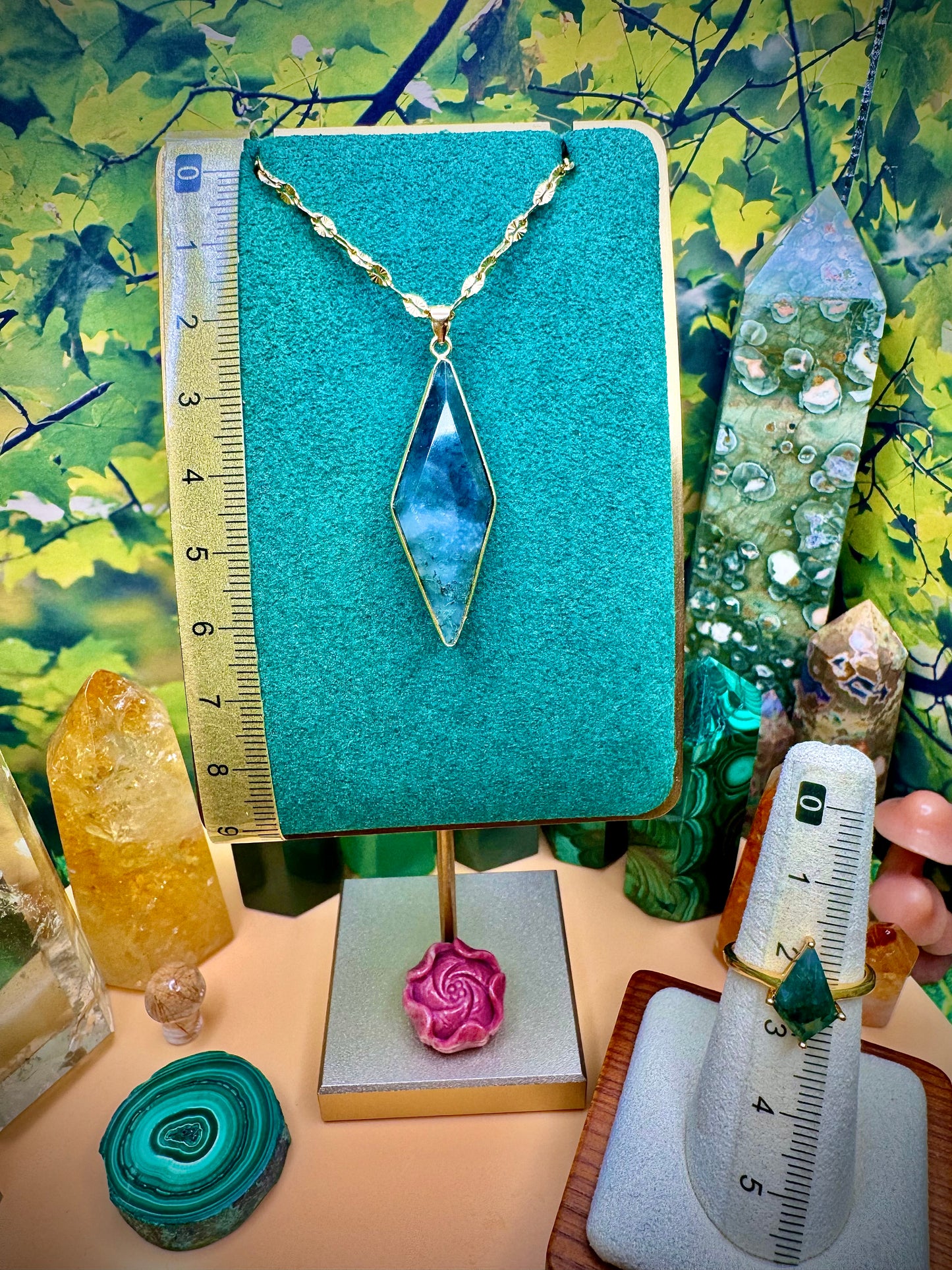 Green Moss Agate Pendant & Ring (Kite Shape) Gold