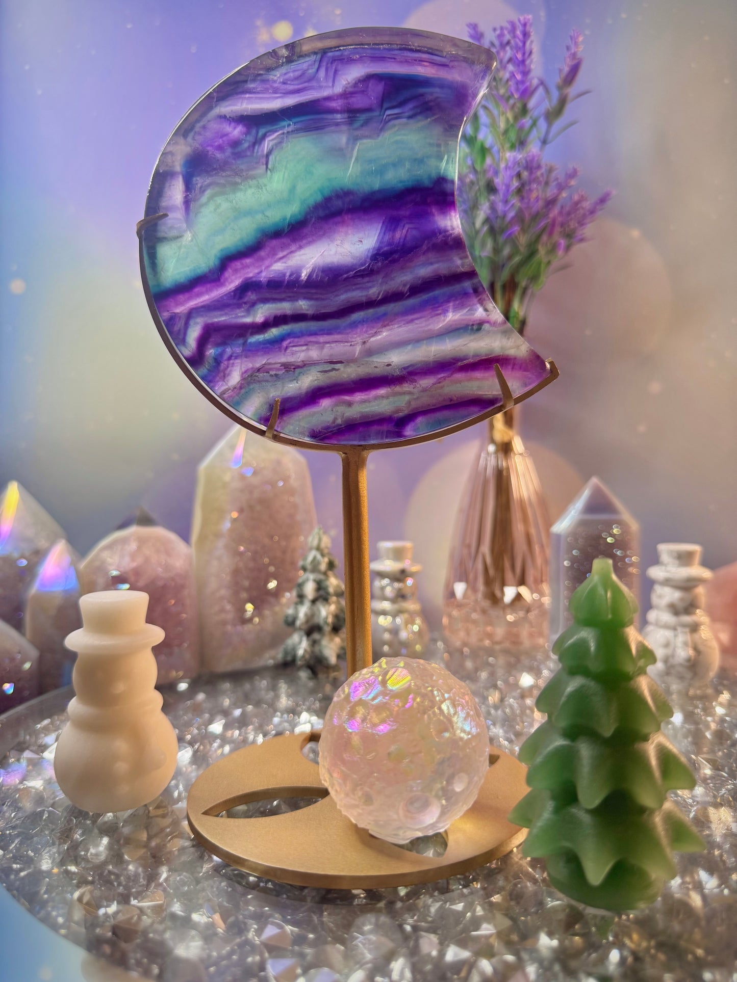 Rainbow 🌈 Fluorite Crescent Moon 🌙 on Stand