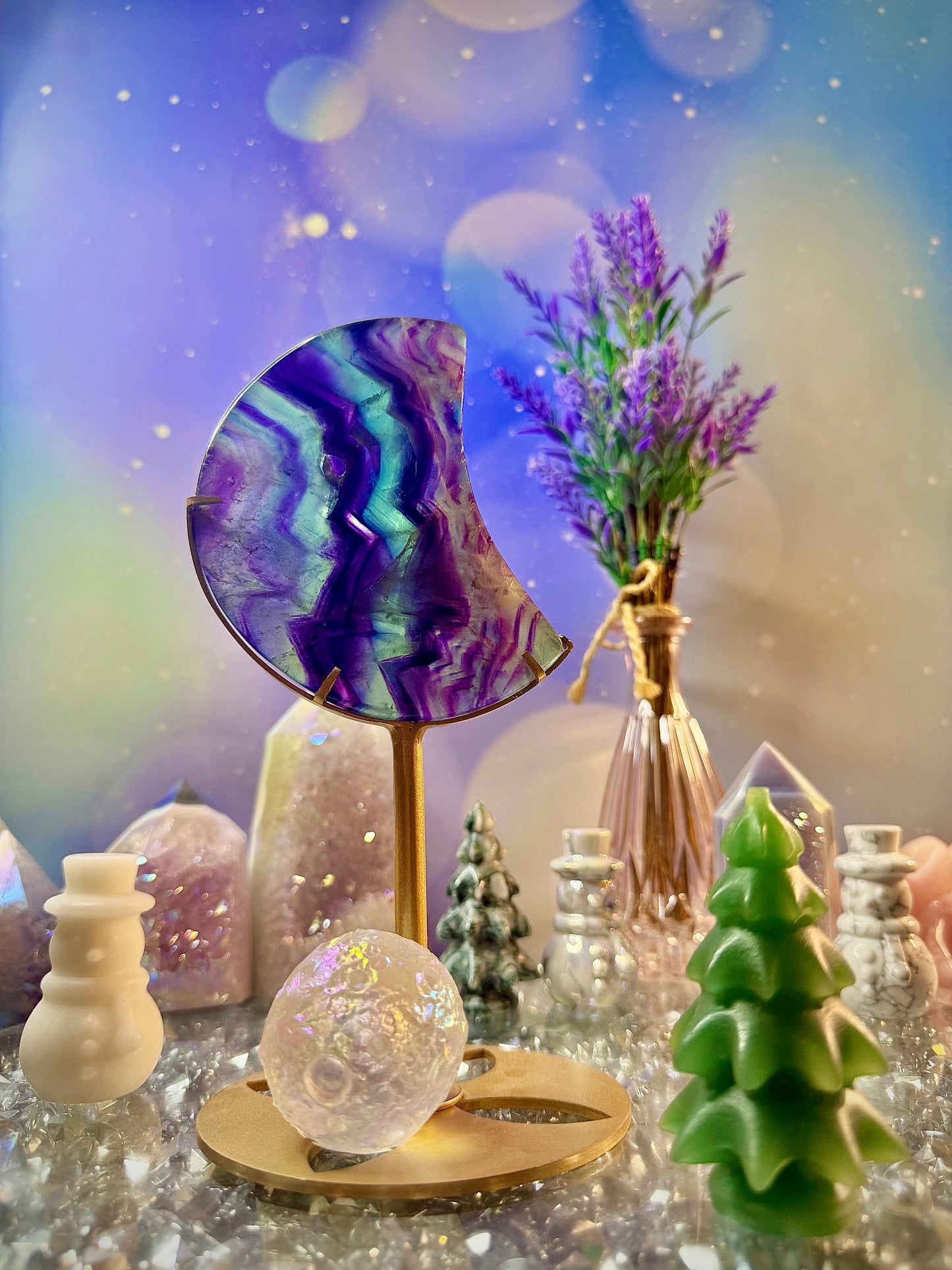 *Rainbow 🌈 Fluorite Crescent Moon 🌙 on Stand