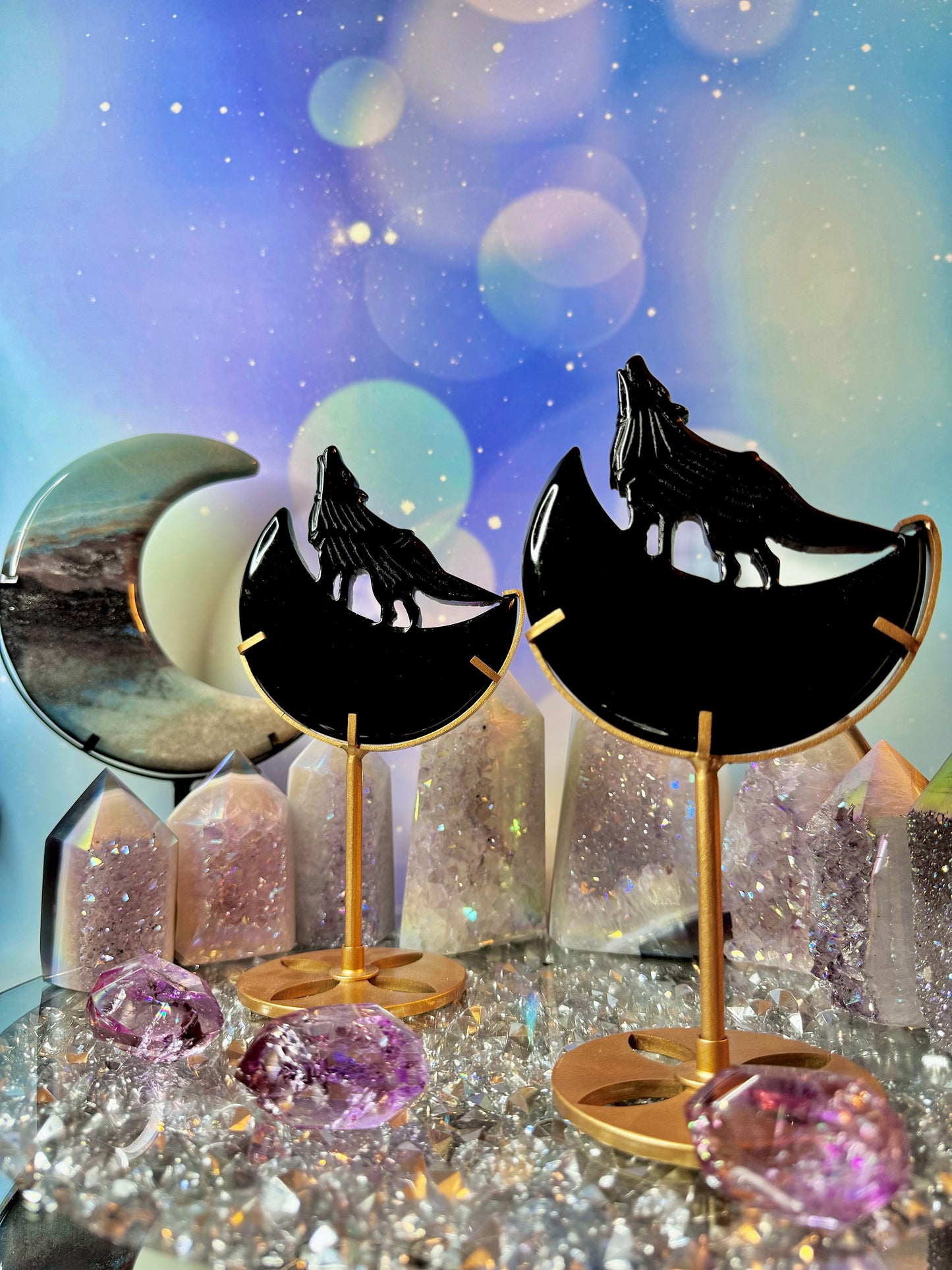 Black Obsidian Wolf Howling on a Crescent 🌙 Moon with Stand