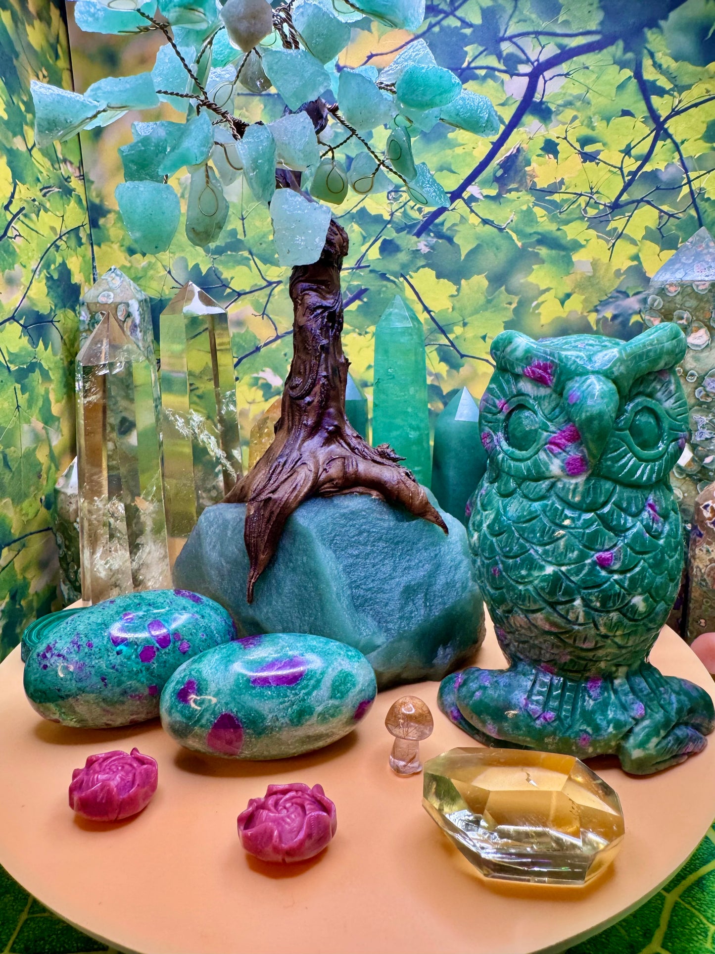 Ruby Fuchsite Owl Carving