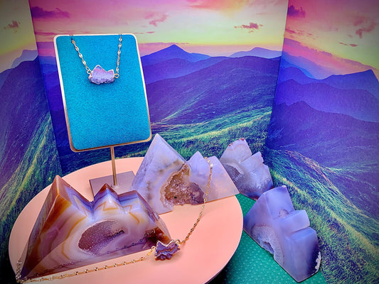 Sterling Silver Druzy Agate Mountain ⛰️ Pendant on a Sterling Chain.