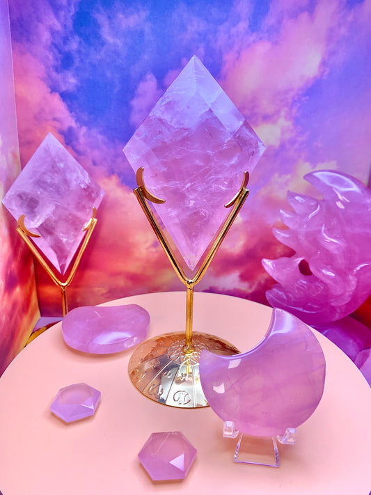 Rose Quartz Diamond Freeform on Golden Stand