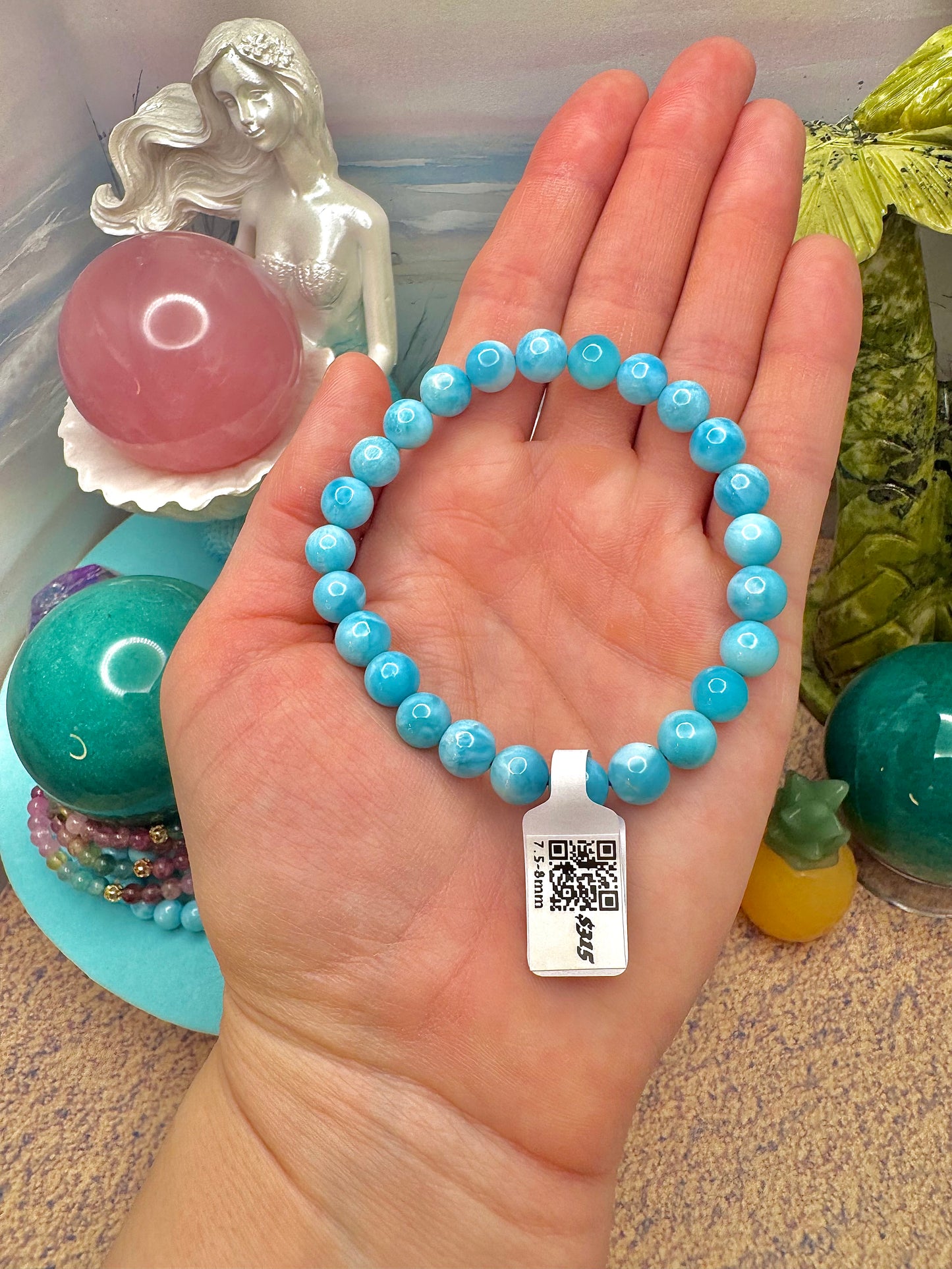 AAA Super Blue Turtle Back Larimar Round Bead Bracelet (7.5-8mm)